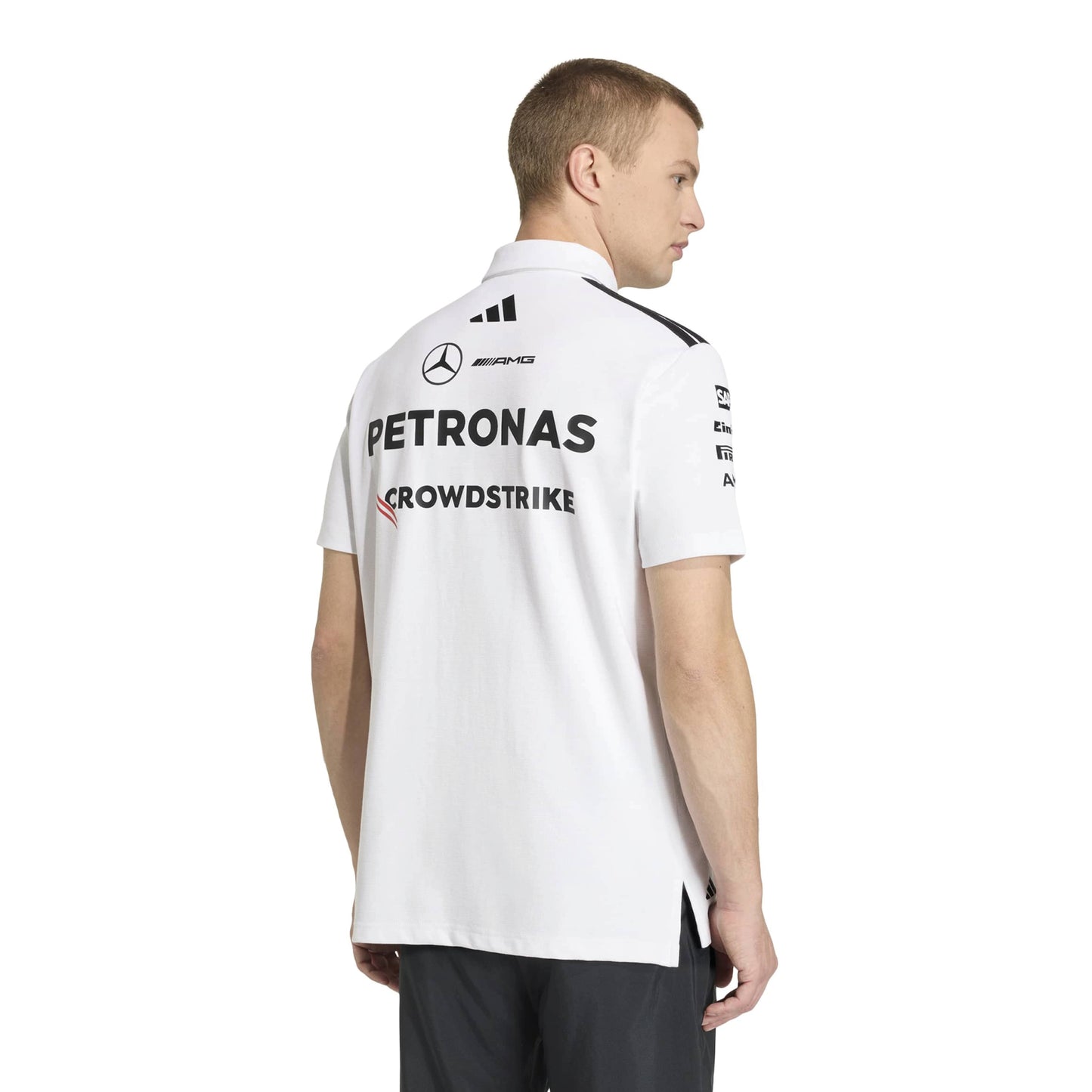 adidas Mercedes-AMG Petronas Formula One Team Engineer Polo SS26 White Black with official sponsor logos and classic polo collar