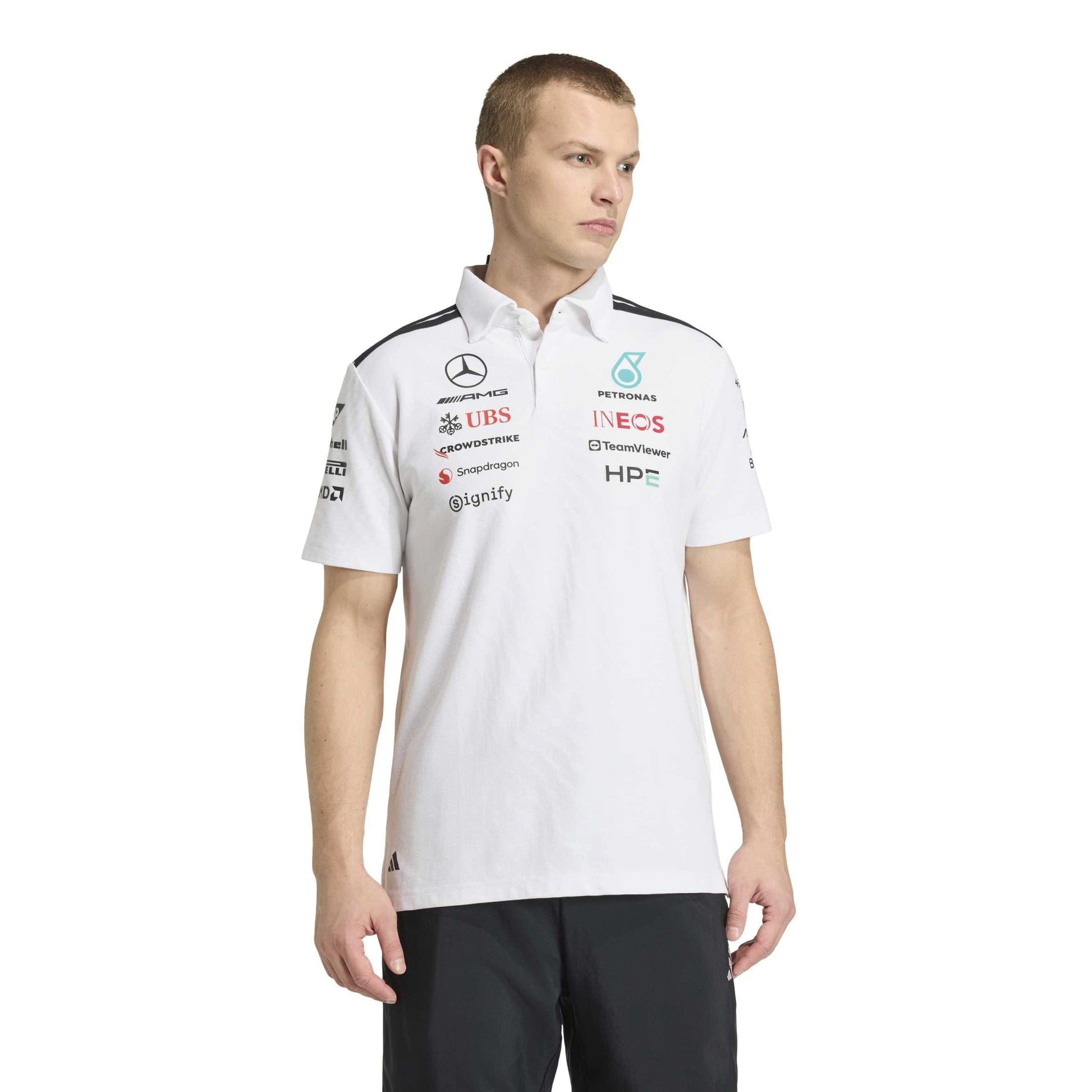 adidas Mercedes-AMG Petronas Formula One Team Engineer Polo SS26 White Black with official sponsor logos and classic polo collar