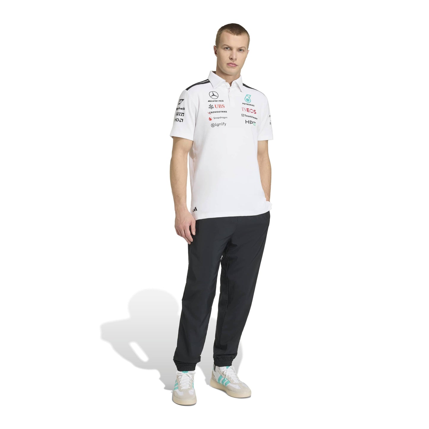 adidas Mercedes-AMG Petronas Formula One Team Engineer Polo SS26 White Black with official sponsor logos and classic polo collar