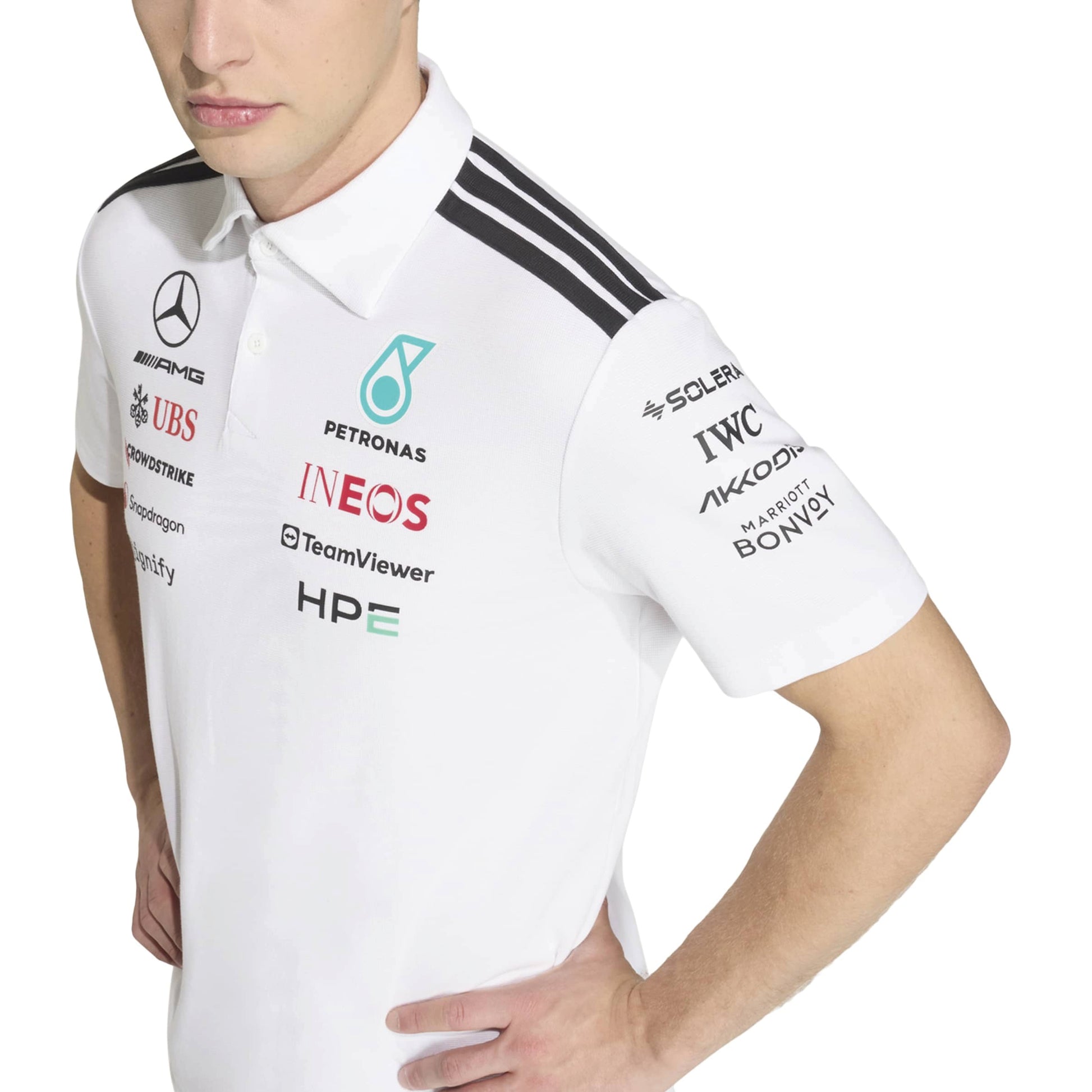 adidas Mercedes-AMG Petronas Formula One Team Engineer Polo SS26 White Black with official sponsor logos and classic polo collar