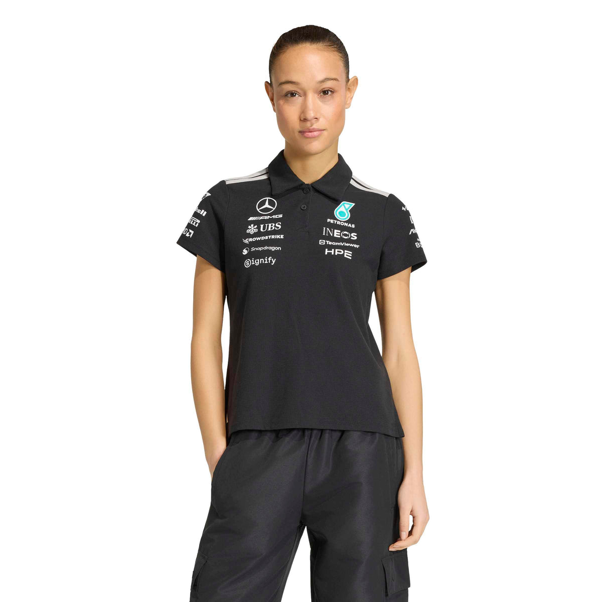 adidas Mercedes-AMG Petronas Formula One Team Engineers Polo Regular SS26 Black White Womens front on-model view