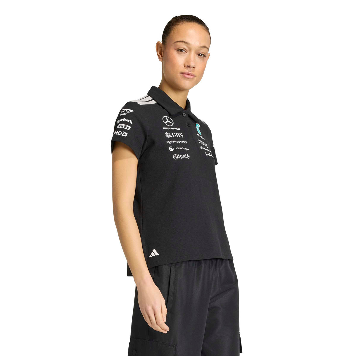 adidas Mercedes-AMG Petronas Formula One Team Engineers Polo Regular SS26 Black White Womens walking on-model view