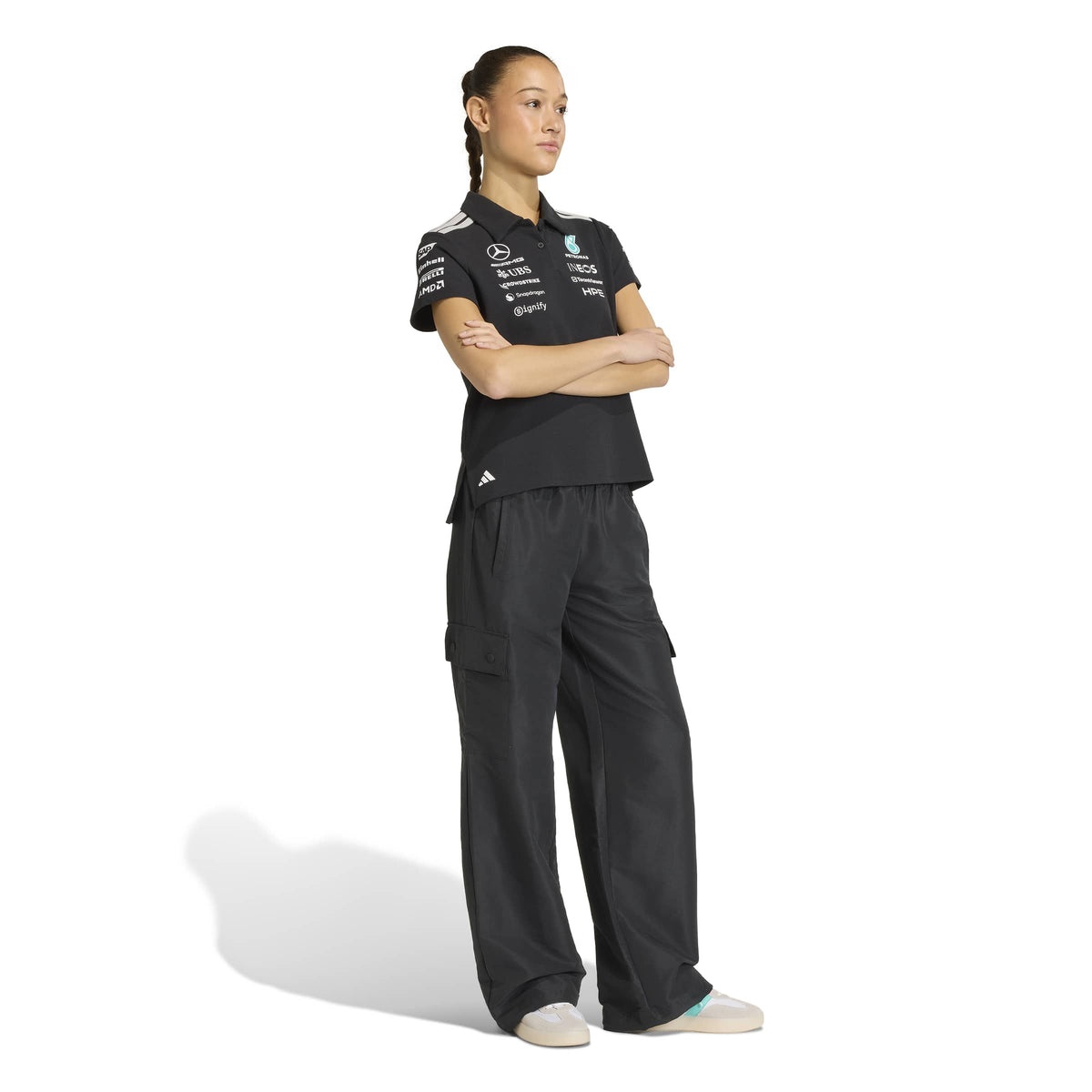 adidas Mercedes-AMG Petronas Formula One Team Engineers Polo Regular SS26 Black White Womens full-length on-model outfit view
