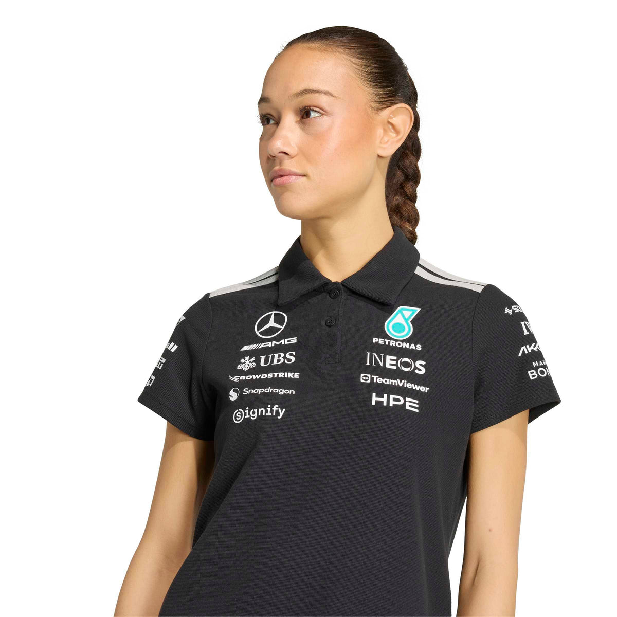adidas Mercedes-AMG Petronas Formula One Team Engineers Polo Regular SS26 Black White Womens front branding detail view