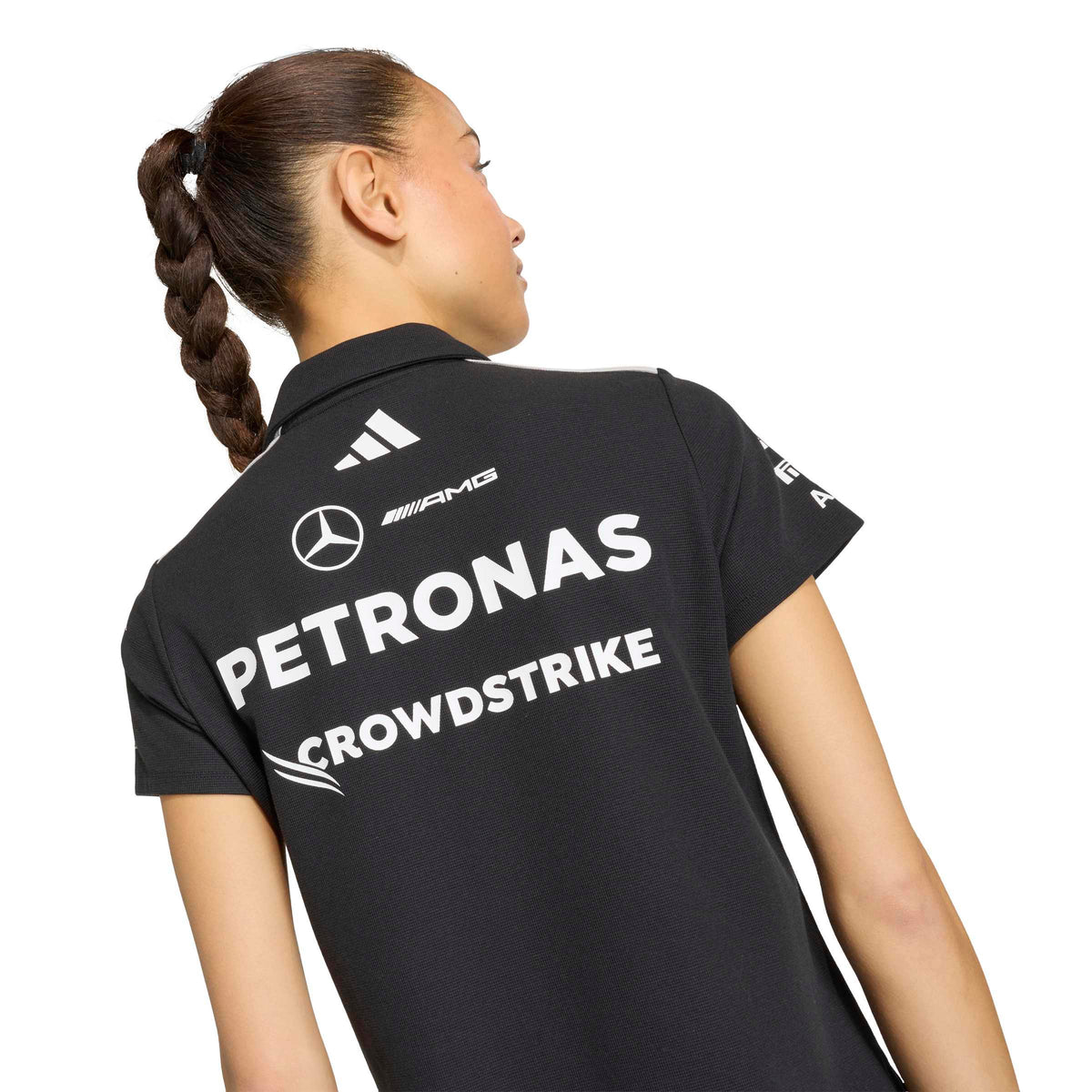 adidas Mercedes-AMG Petronas Formula One Team Engineers Polo Regular SS26 Black White Womens back branding detail view