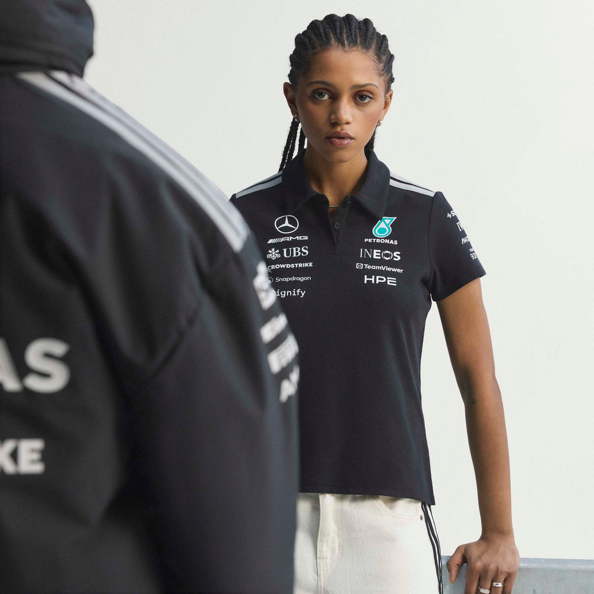 adidas Mercedes-AMG Petronas Formula One Team Engineers Polo Regular SS26 Black White Womens campaign front view