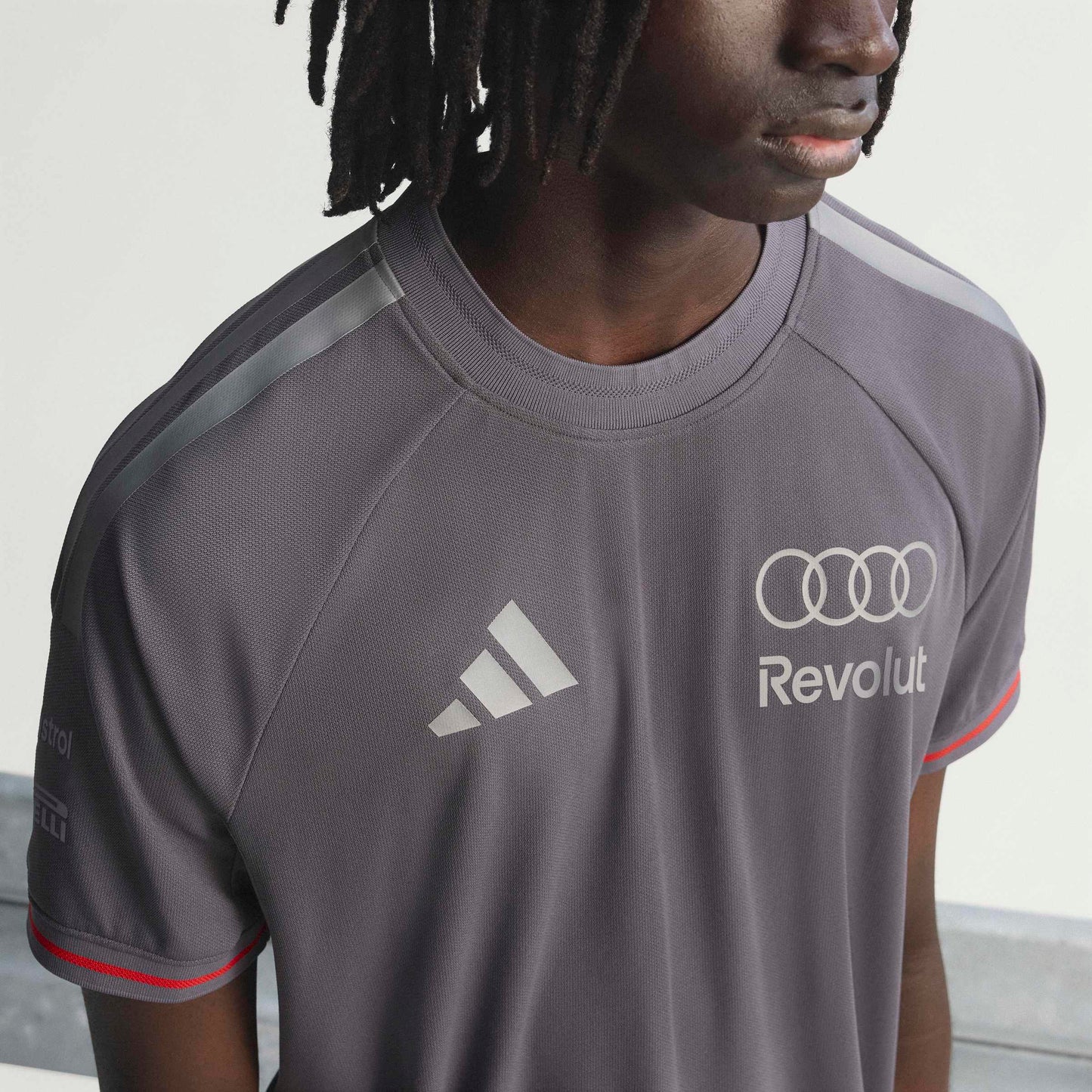 adidas Audi Revolut Formula One Team Driver Jersey Authentic Grey Strata motorsport performance shirt with moisture-wicking fabric