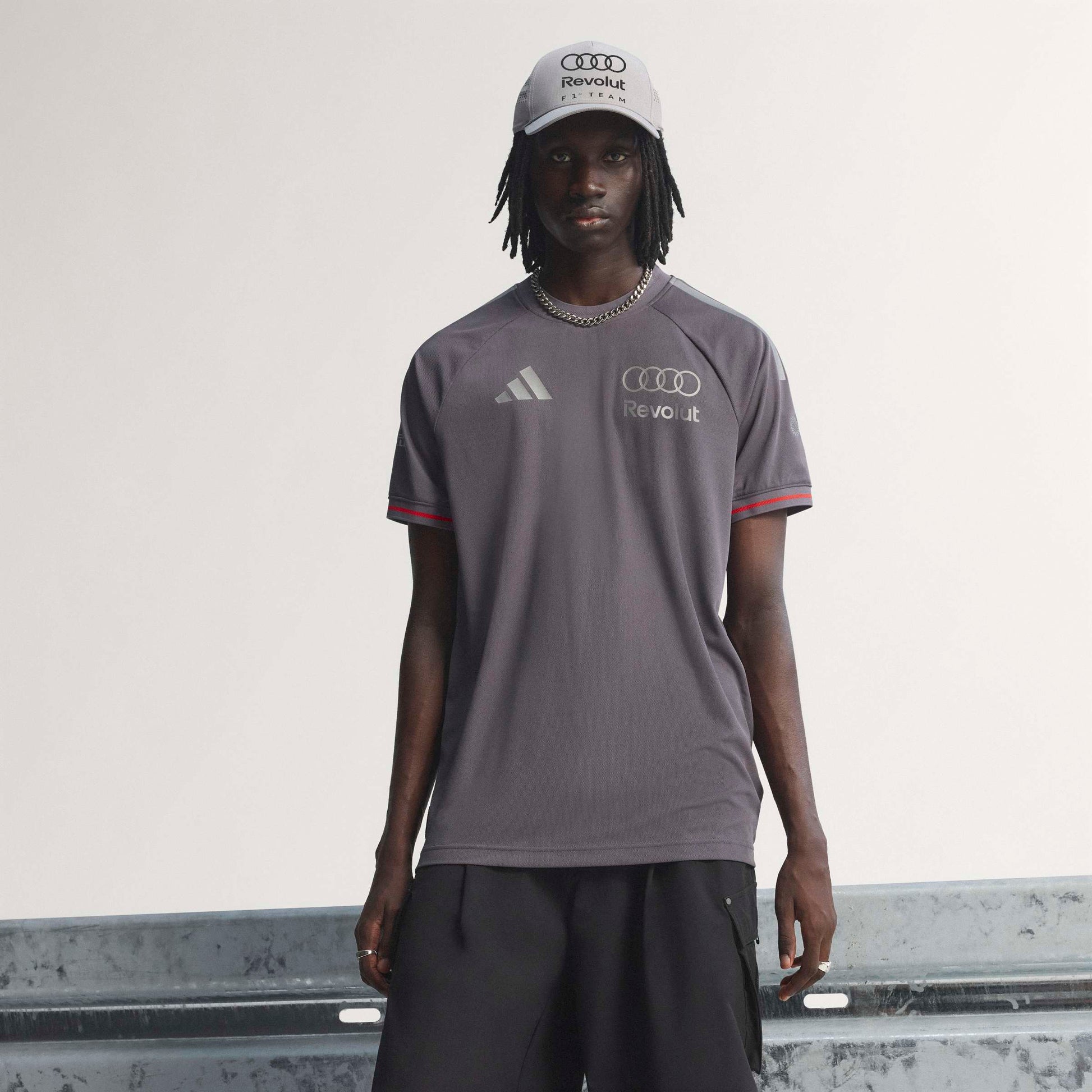 adidas Audi Revolut Formula One Team Driver Jersey Authentic Grey Strata motorsport performance shirt with moisture-wicking fabric