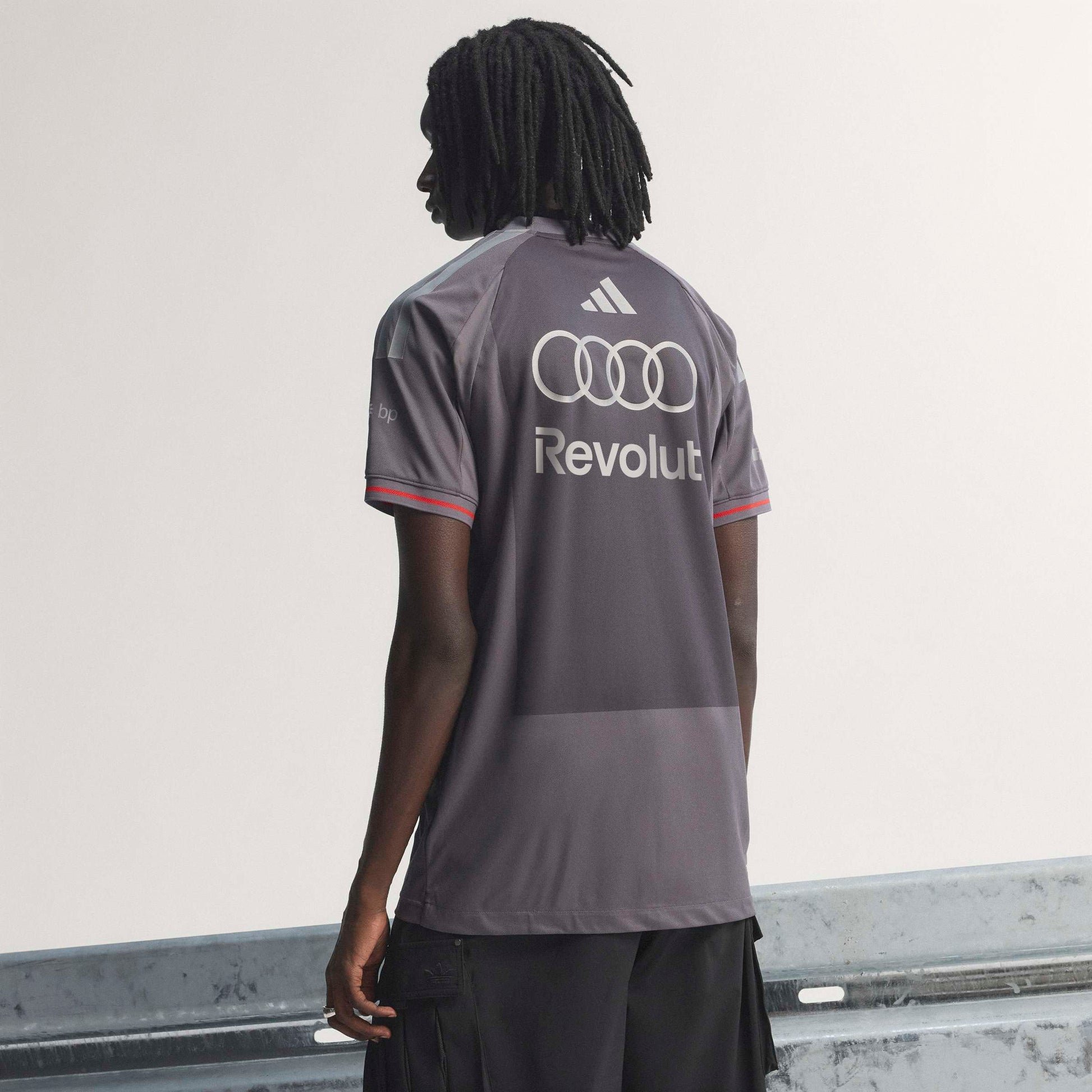 adidas Audi Revolut Formula One Team Driver Jersey Authentic Grey Strata motorsport performance shirt with moisture-wicking fabric