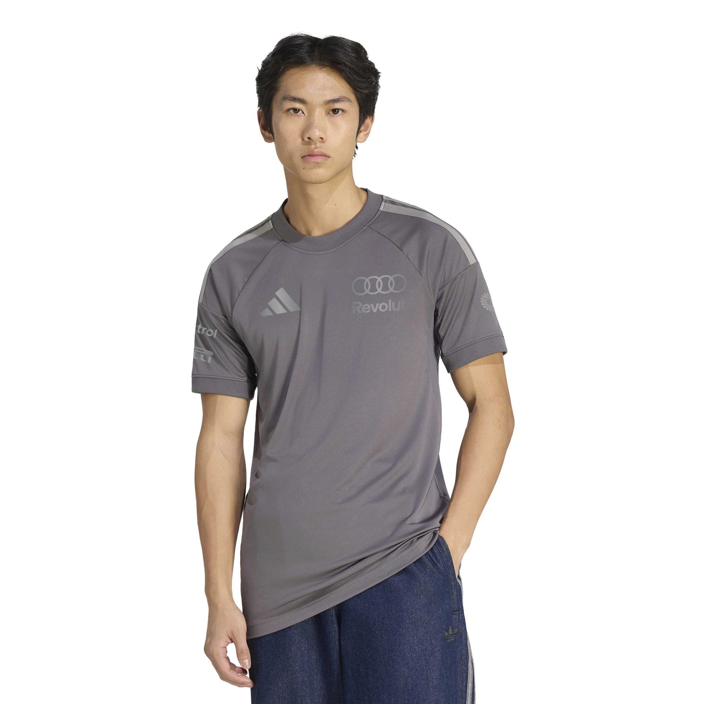 adidas Audi Revolut Formula One Team Driver Jersey Replica Grey Strata motorsport performance shirt with moisture-wicking fabric