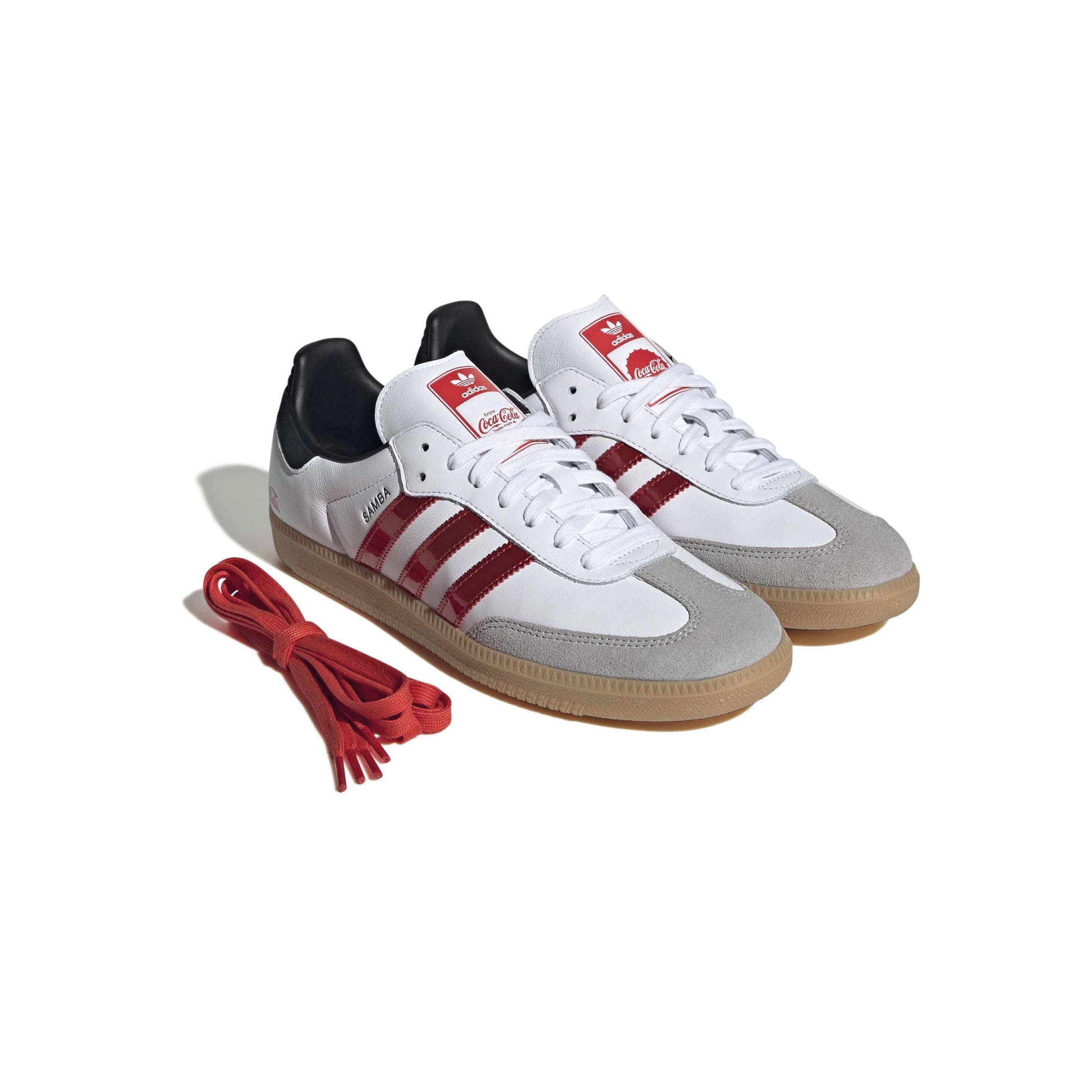 adidas Originals x Coca-Cola Samba OG White Red leather sneaker with metallic red stripes suede overlays and gum rubber outsole