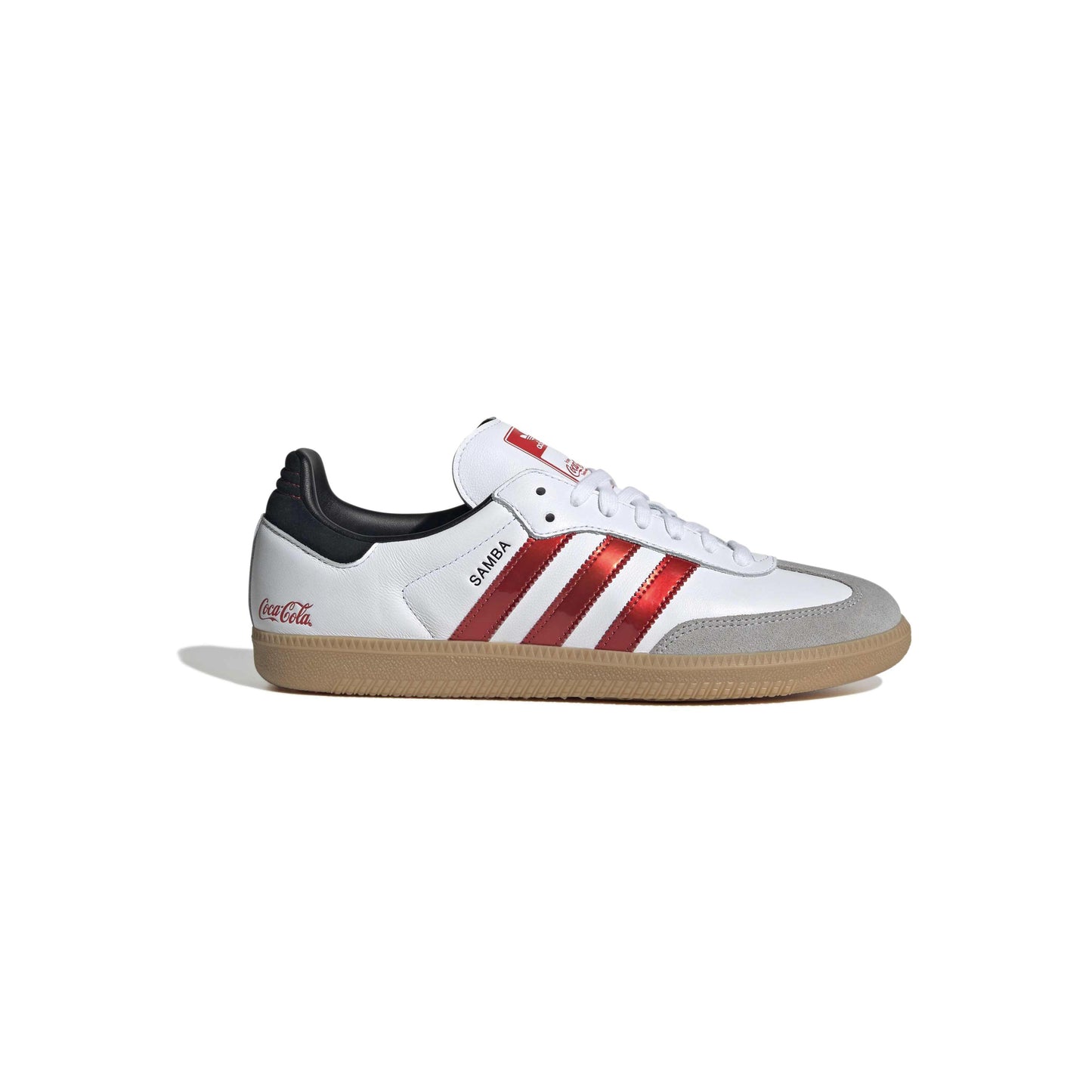adidas Originals x Coca-Cola Samba OG White Red leather sneaker with metallic red stripes suede overlays and gum rubber outsole
