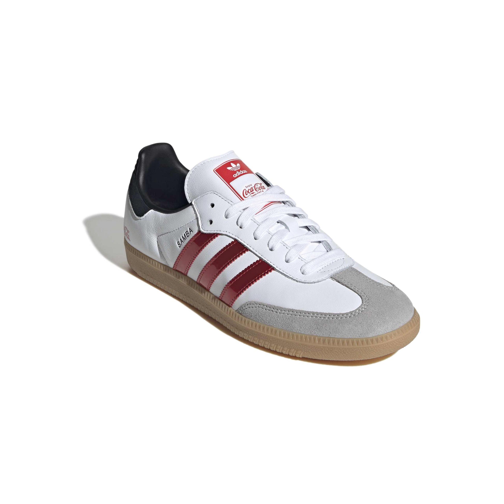 adidas Originals x Coca-Cola Samba OG White Red leather sneaker with metallic red stripes suede overlays and gum rubber outsole