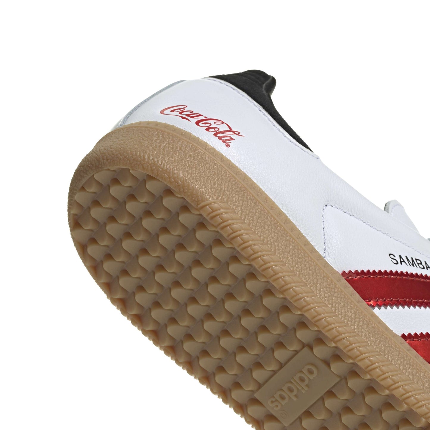 adidas Originals x Coca-Cola Samba OG White Red leather sneaker with metallic red stripes suede overlays and gum rubber outsole