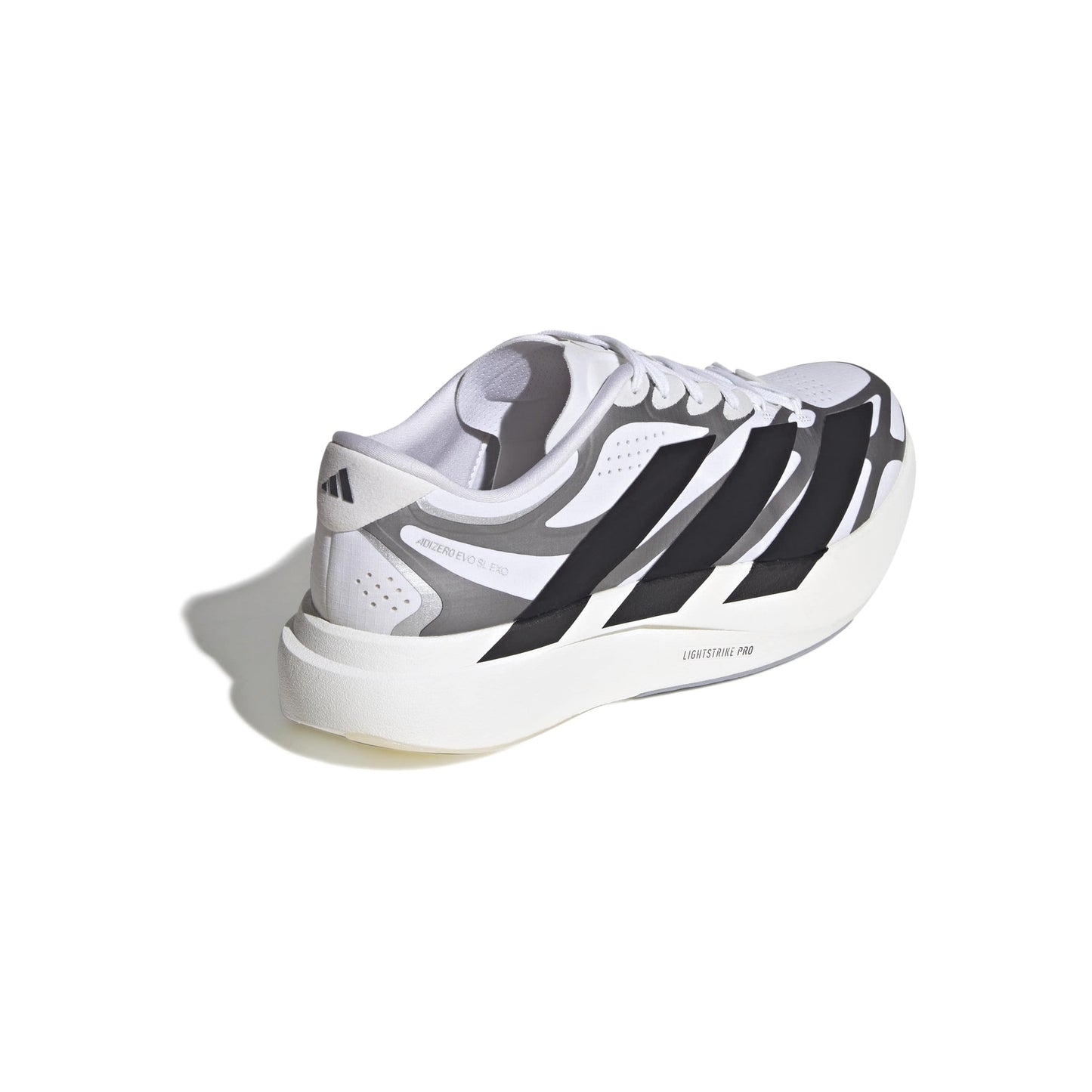 adidas Adizero Evo SL Exo White Black Silver running shoe with LIGHTSTRIKE PRO midsole and breathable mesh upper