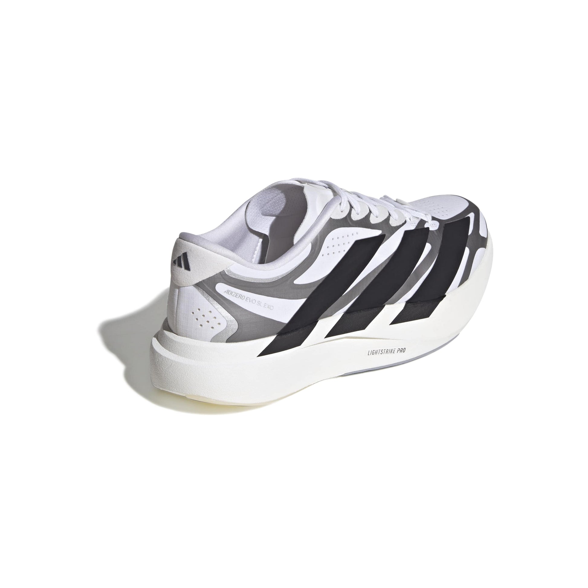 adidas Adizero Evo SL Exo White Black Silver running shoe with LIGHTSTRIKE PRO midsole and breathable mesh upper
