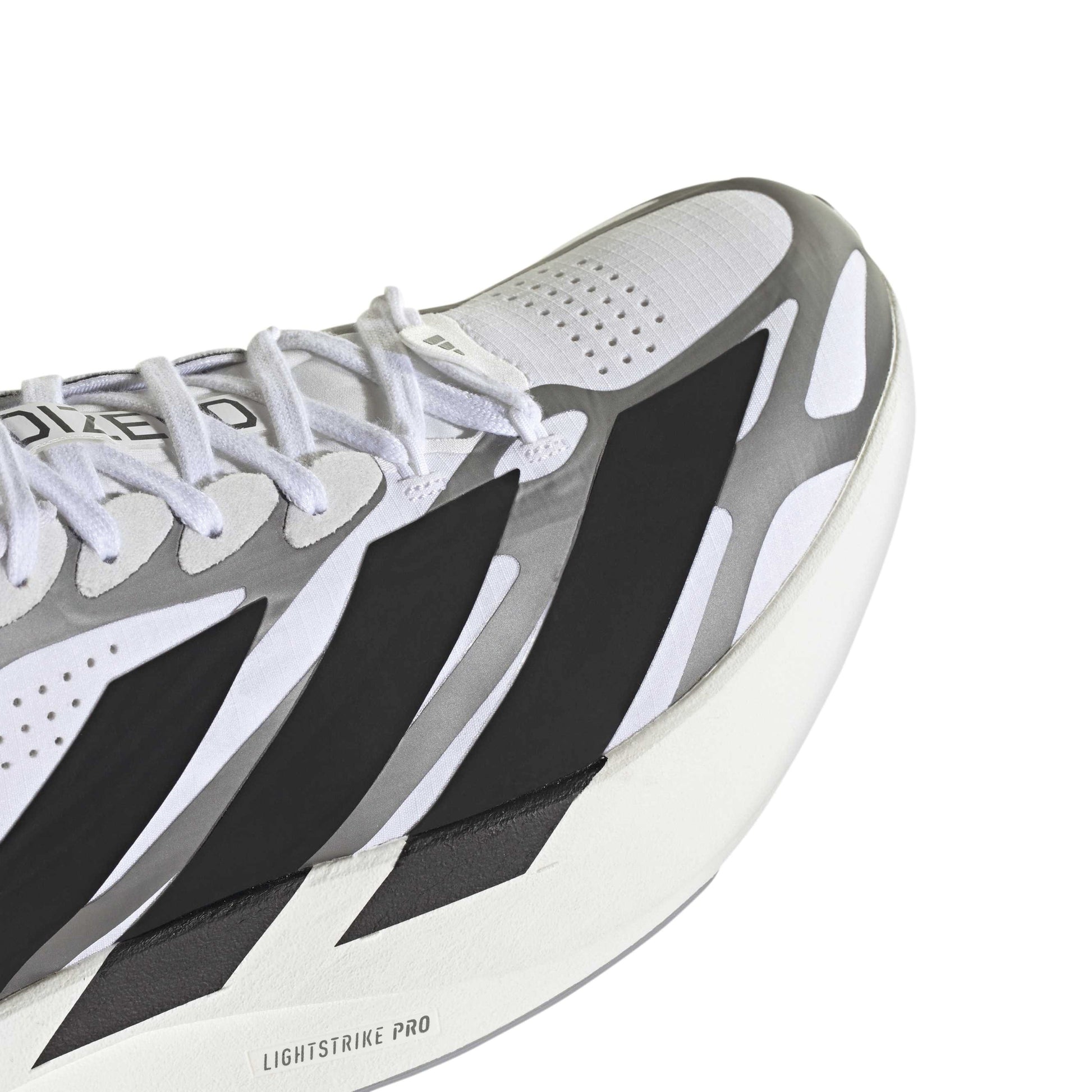 adidas Adizero Evo SL Exo White Black Silver running shoe with LIGHTSTRIKE PRO midsole and breathable mesh upper
