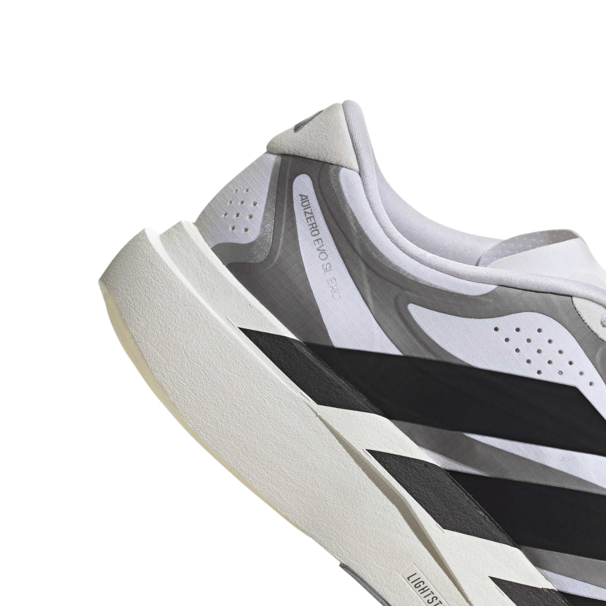 adidas Adizero Evo SL Exo White Black Silver running shoe with LIGHTSTRIKE PRO midsole and breathable mesh upper