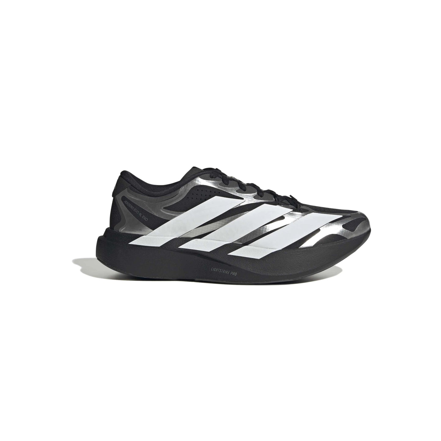 adidas Adizero Evo SL Exo Black White Silver running shoe with LIGHTSTRIKE PRO midsole and breathable mesh upper