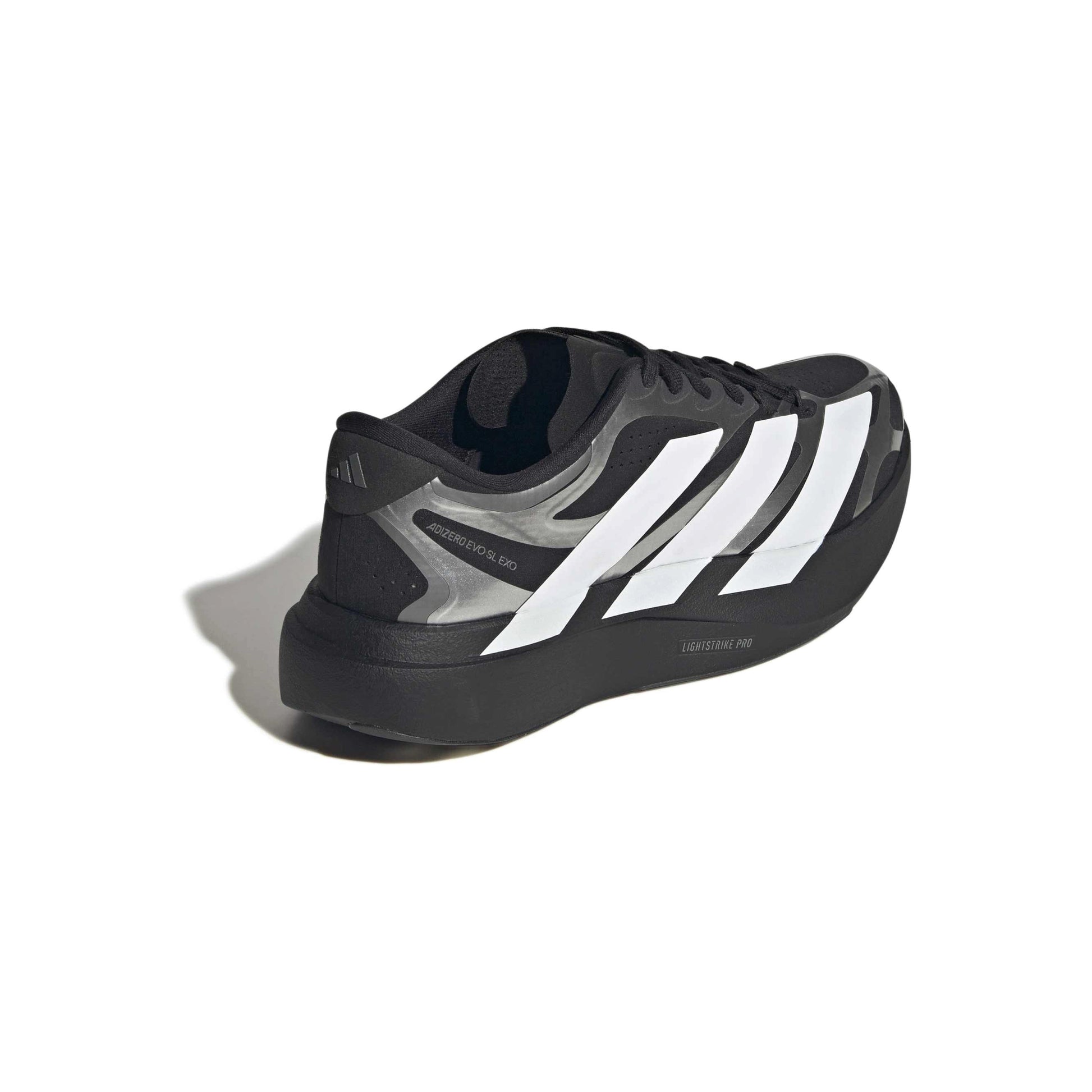 adidas Adizero Evo SL Exo Black White Silver running shoe with LIGHTSTRIKE PRO midsole and breathable mesh upper