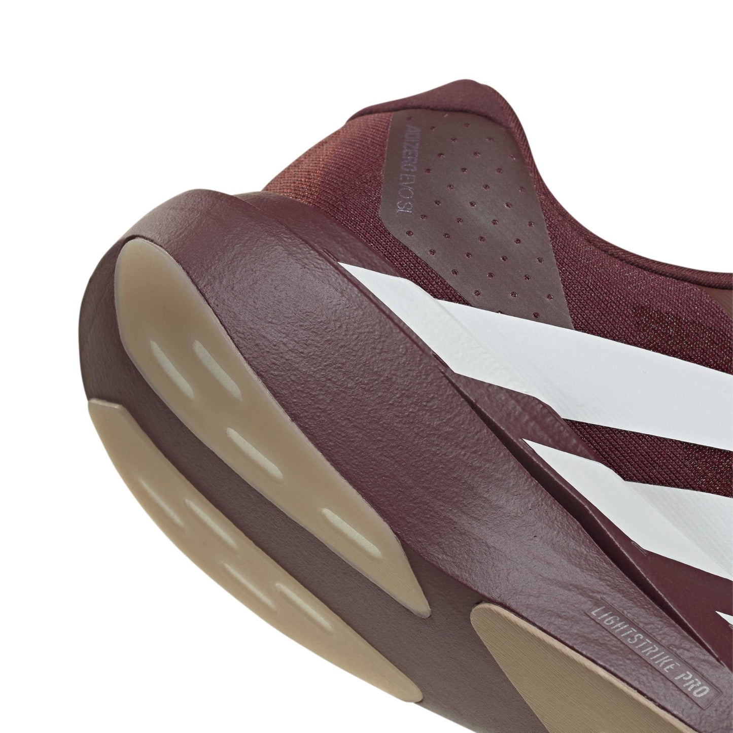 adidas Adizero Evo SL Shadow Red Off White lightweight running shoe with mesh upper and responsive cushioning