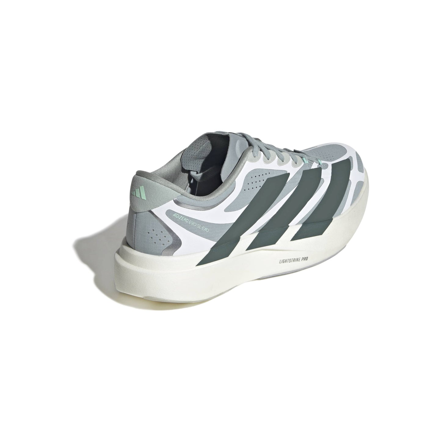 adidas Adizero Evo SL Exo Wonder Sage Silver Ivy White running shoe with LIGHTSTRIKE PRO midsole and breathable mesh upper
