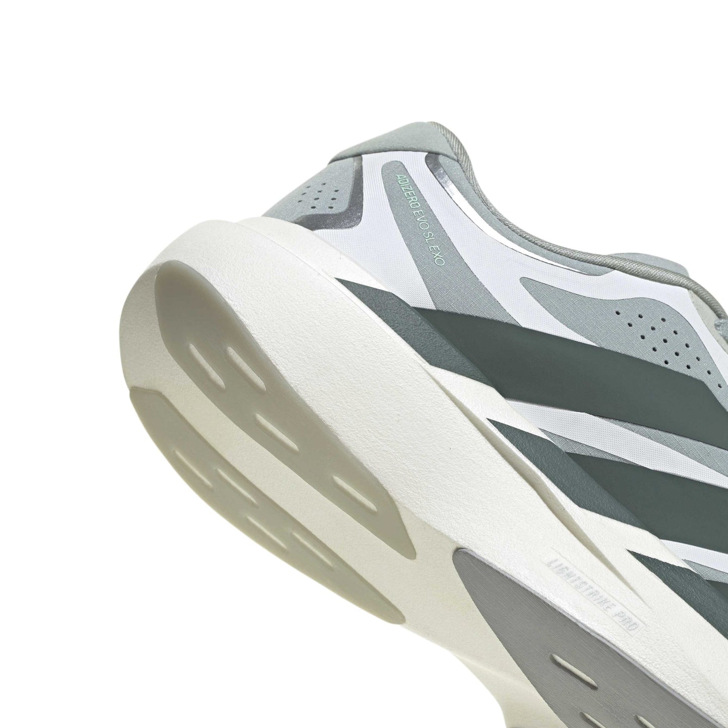 adidas Adizero Evo SL Exo Wonder Sage Silver Ivy White running shoe with LIGHTSTRIKE PRO midsole and breathable mesh upper
