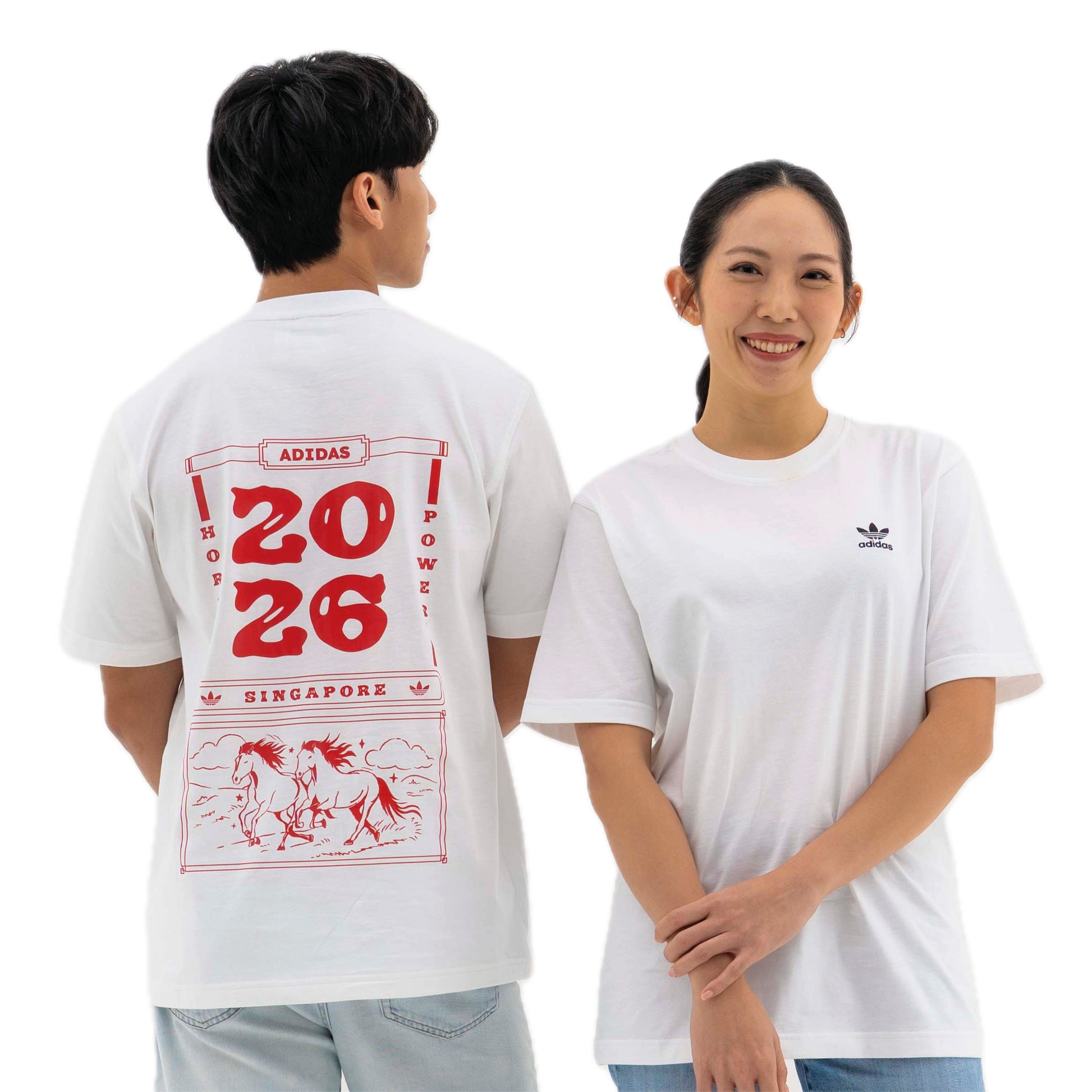 adidas Year Of The Horse Calendar T-Shirt white, front and back views with chest and back prints
