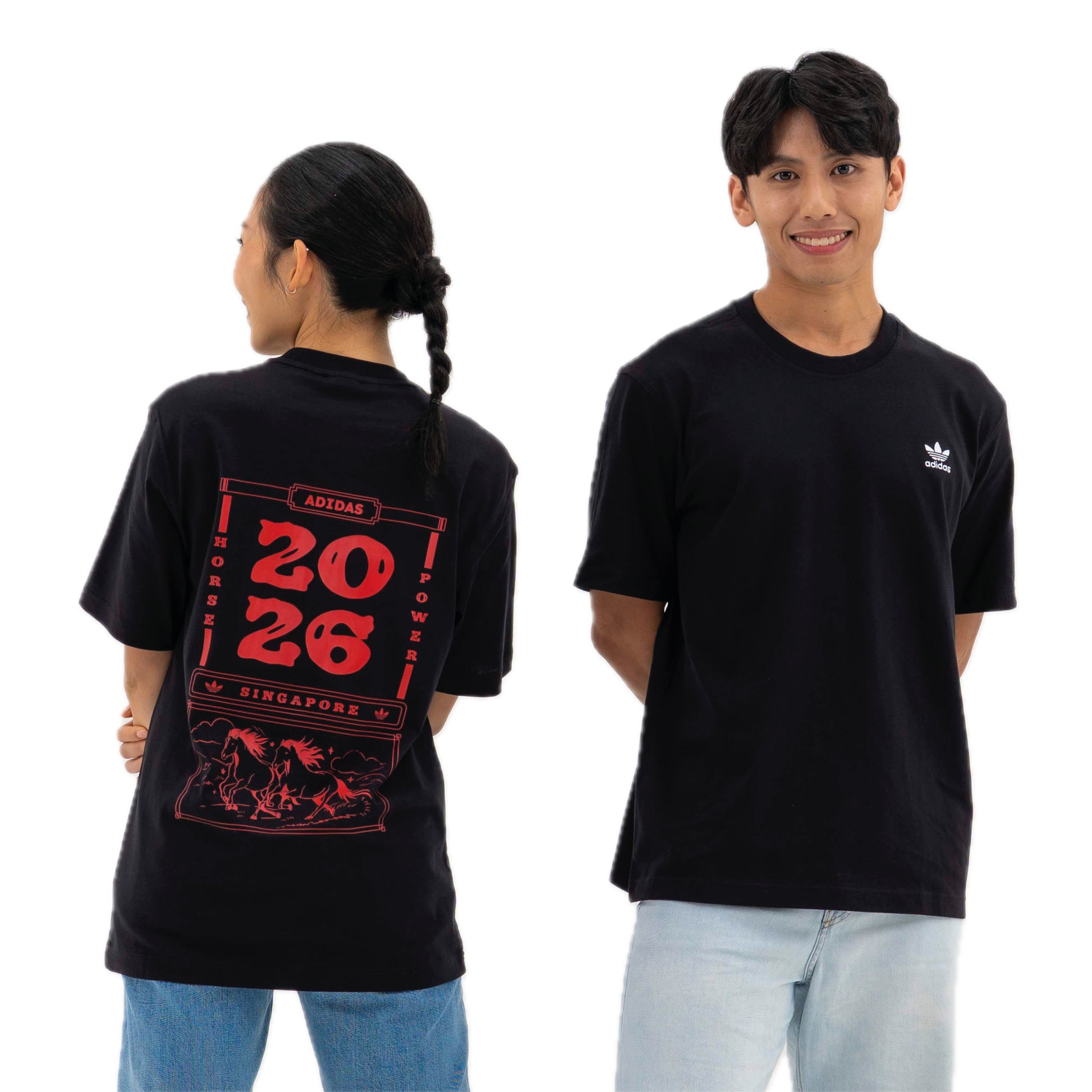 adidas Year Of The Horse Calendar T-Shirt black, front and back views with chest and back prints