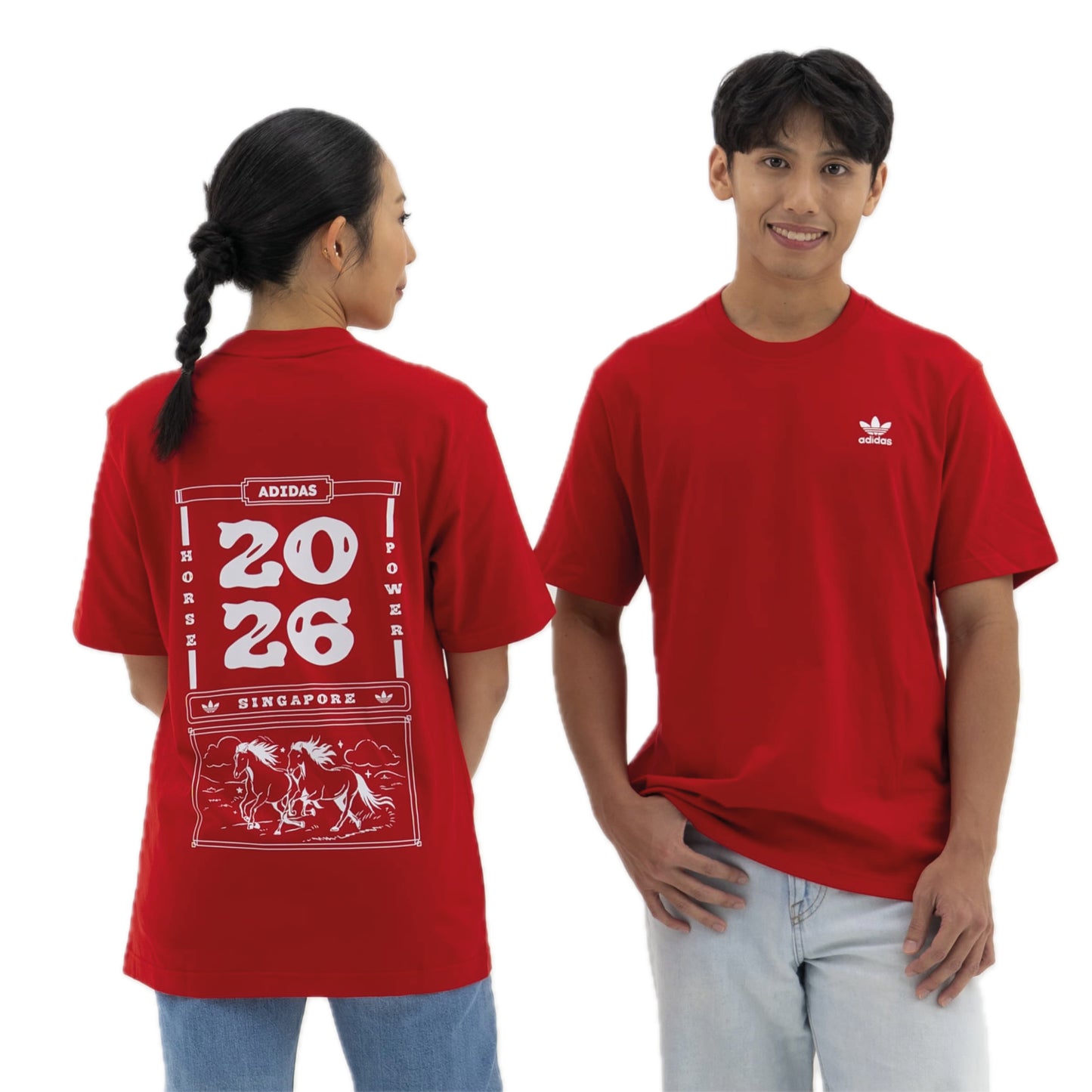 adidas Year Of The Horse Calendar T-Shirt red, front and back views with chest and back prints