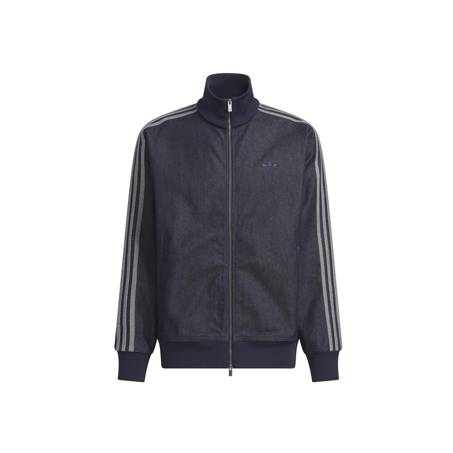 adidas Denim Firebird Track Top Indigo Denim full zip denim jacket with signature adidas 3-Stripes and ribbed stand collar