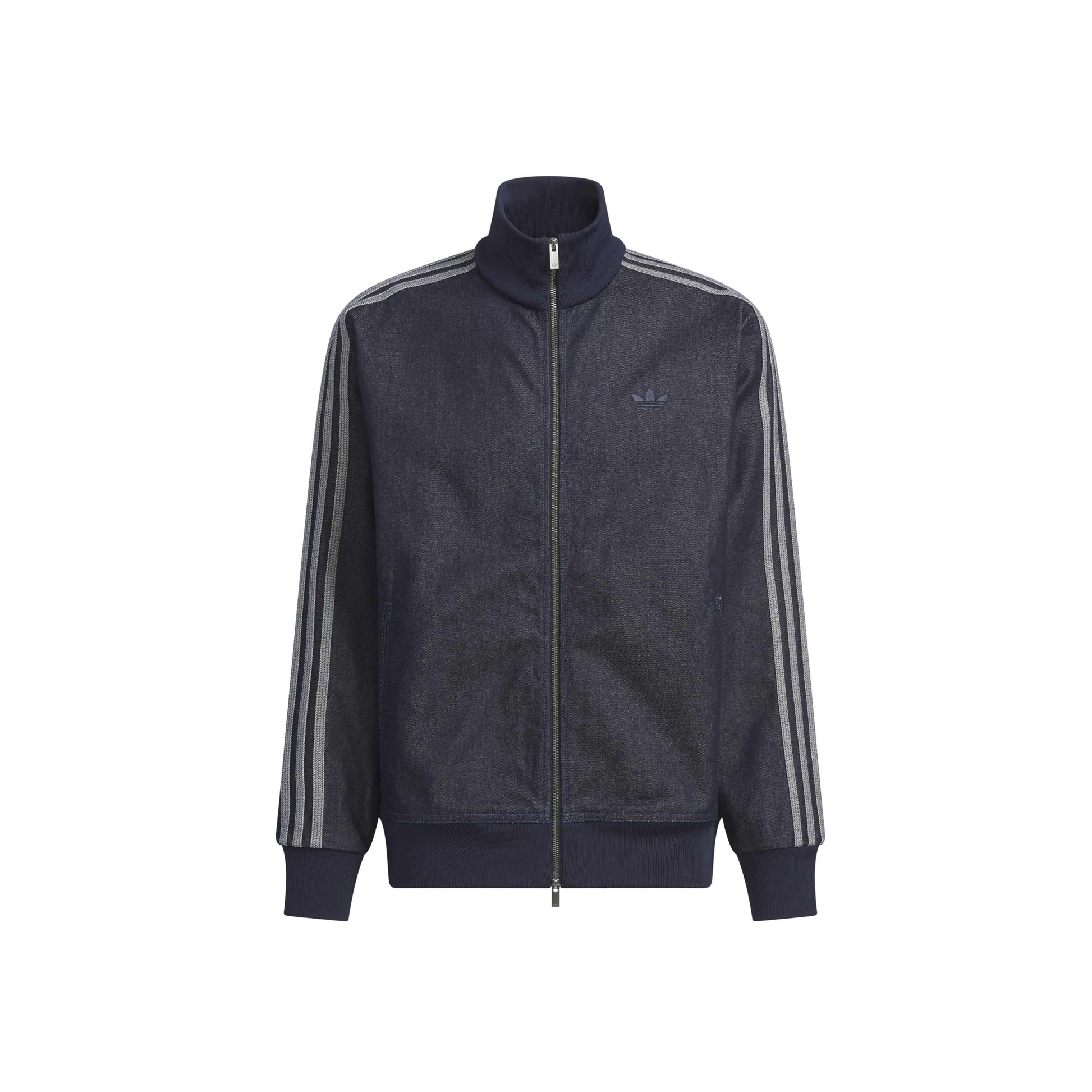 adidas Denim Firebird Track Top Indigo Denim full zip denim jacket with signature adidas 3-Stripes and ribbed stand collar