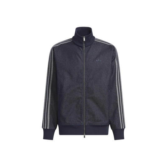 adidas Denim Firebird Track Top Indigo Denim full zip denim jacket with signature adidas 3-Stripes and ribbed stand collar