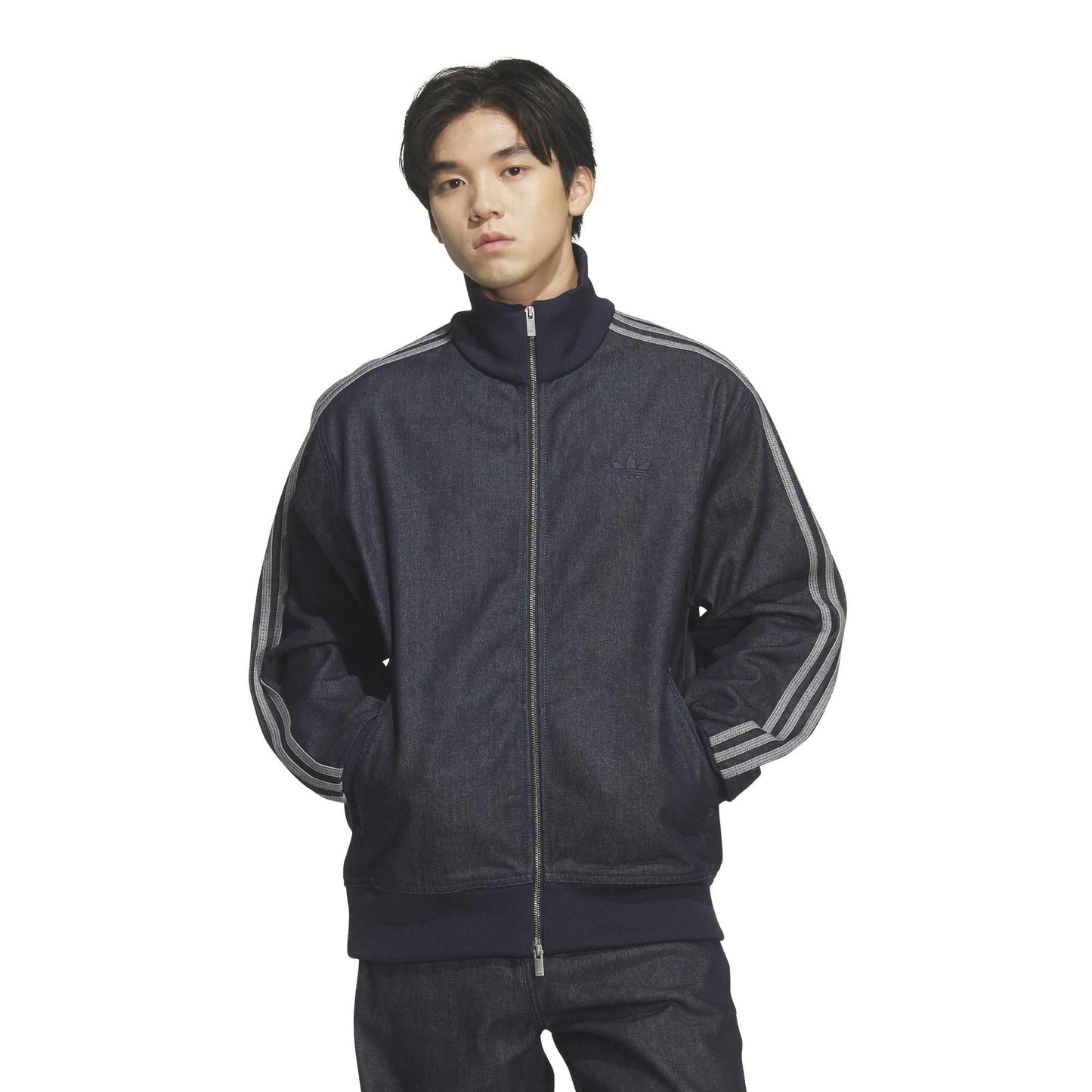 adidas Denim Firebird Track Top Indigo Denim full zip denim jacket with signature adidas 3-Stripes and ribbed stand collar