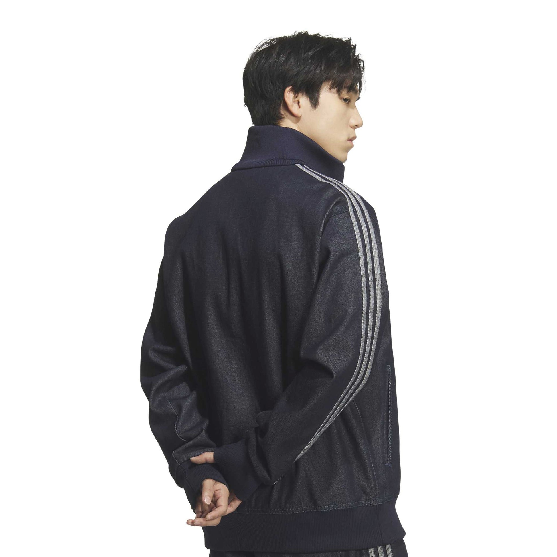 adidas Denim Firebird Track Top Indigo Denim full zip denim jacket with signature adidas 3-Stripes and ribbed stand collar