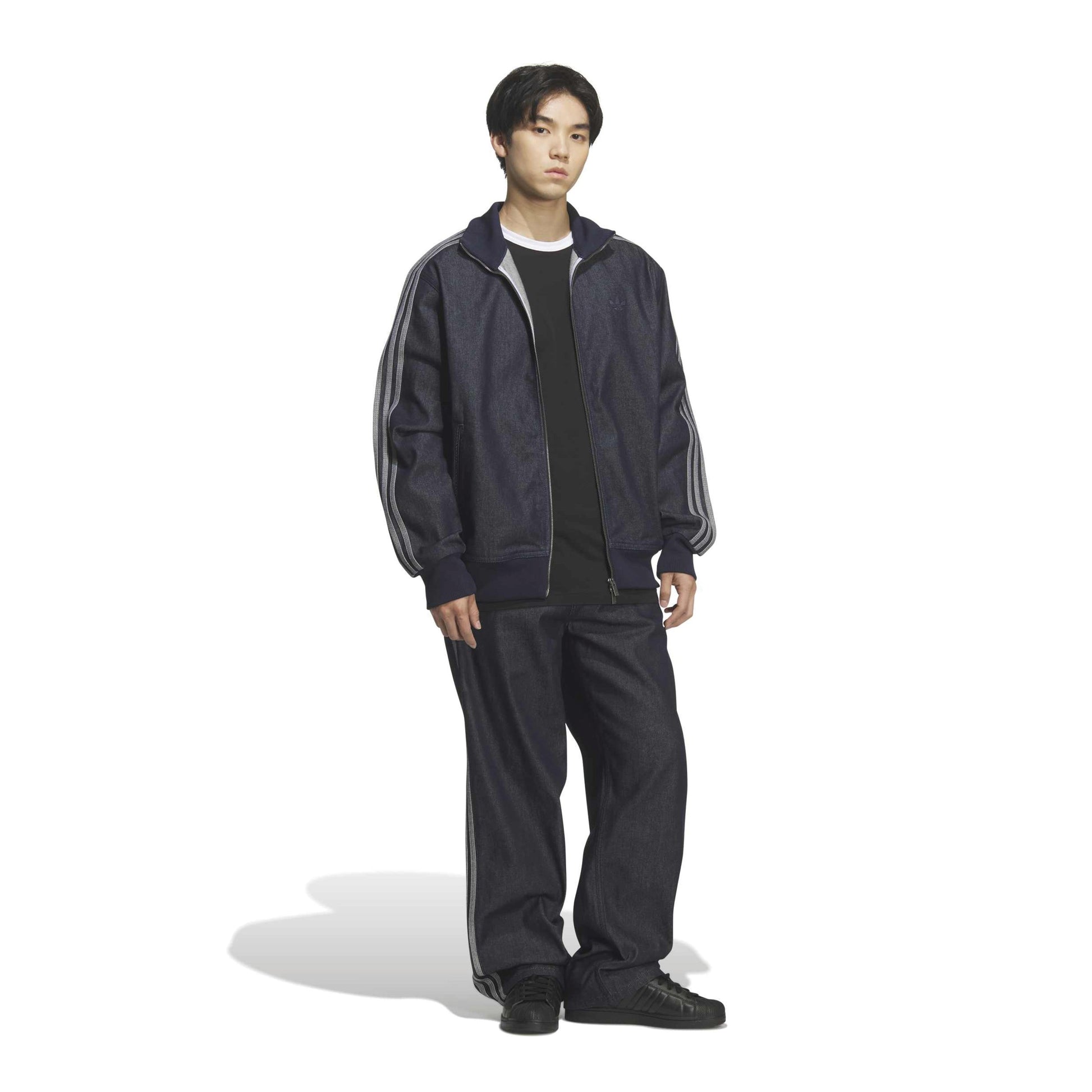 adidas Denim Firebird Track Top Indigo Denim full zip denim jacket with signature adidas 3-Stripes and ribbed stand collar