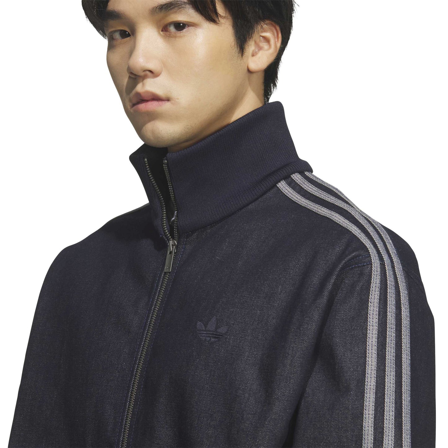 adidas Denim Firebird Track Top Indigo Denim full zip denim jacket with signature adidas 3-Stripes and ribbed stand collar