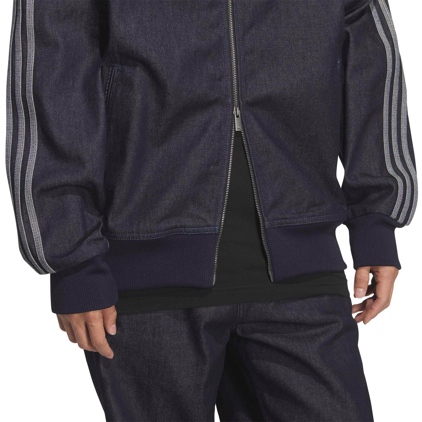 adidas Denim Firebird Track Top Indigo Denim full zip denim jacket with signature adidas 3-Stripes and ribbed stand collar