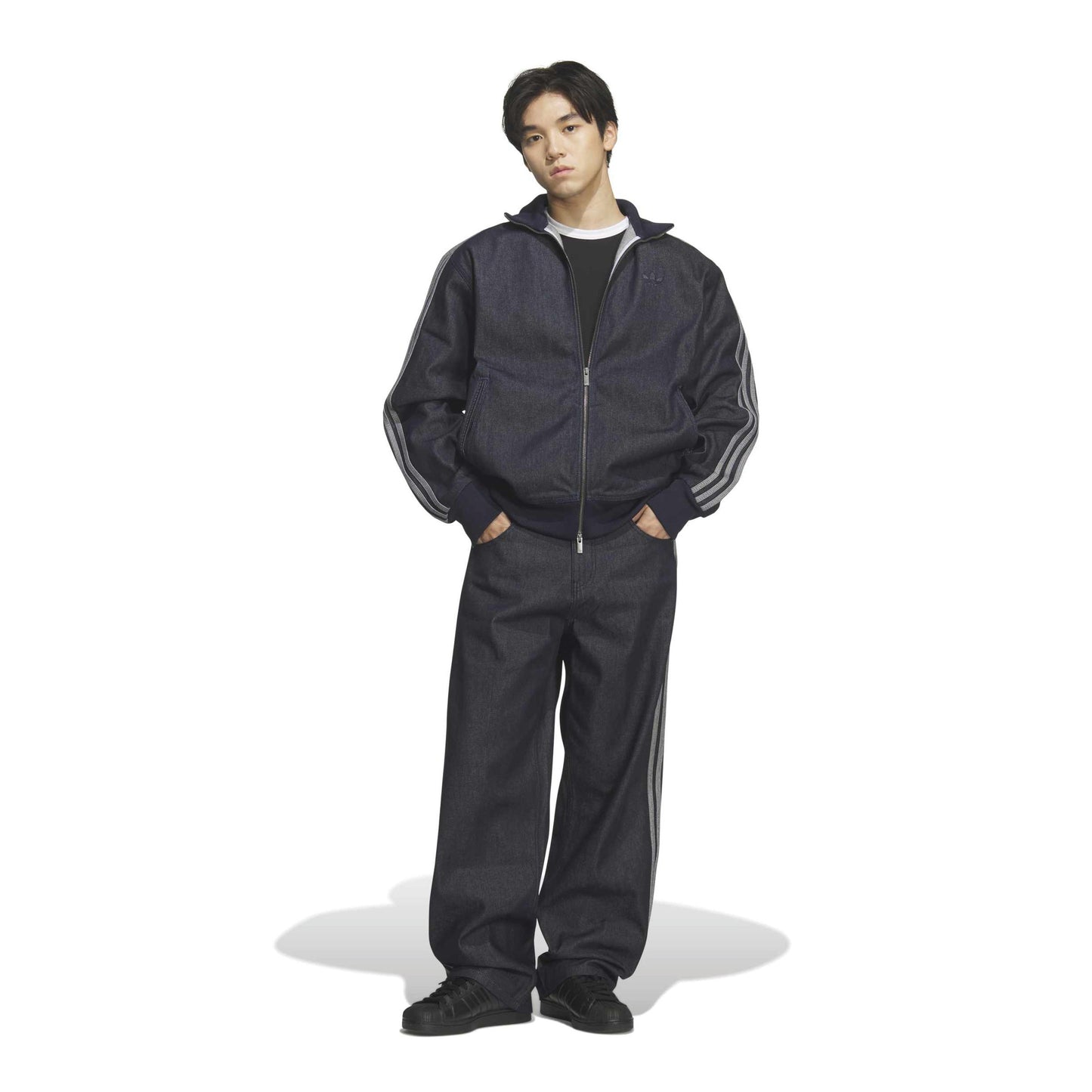 adidas Denim Firebird Track Pants Indigo Denim with premium denim fabric relaxed fit and signature adidas 3-Stripes