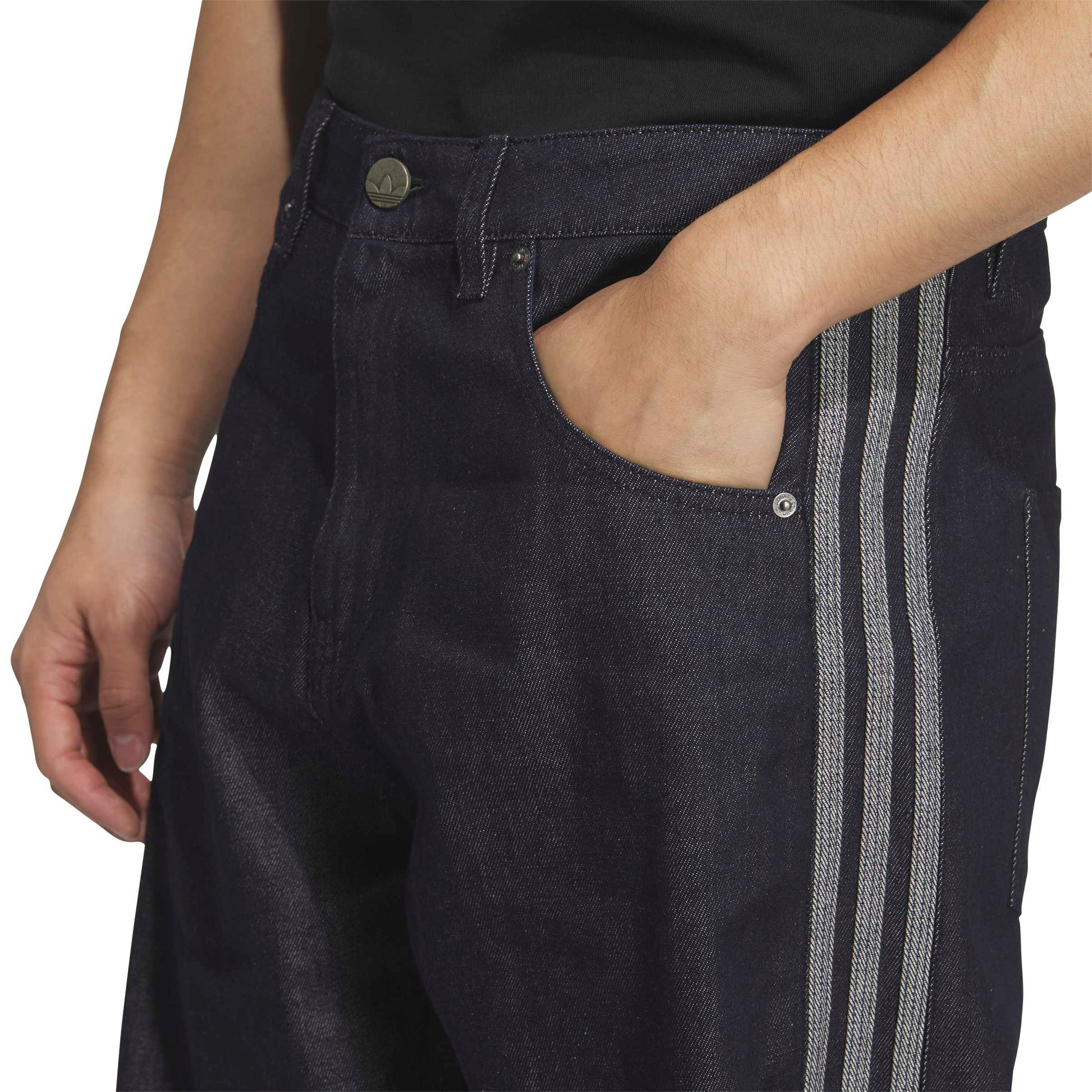adidas Denim Firebird Track Pants Indigo Denim with premium denim fabric relaxed fit and signature adidas 3-Stripes