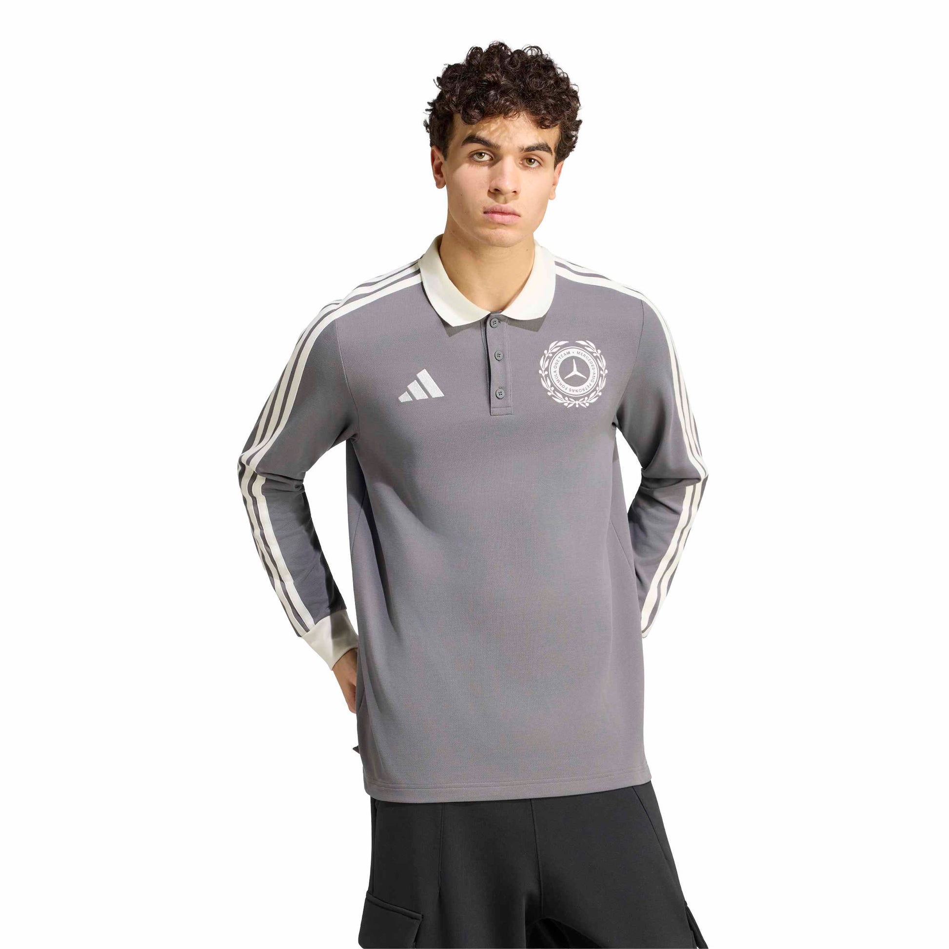 adidas Mercedes - AMG Petronas Formula One Team Silver Arrows Icon Long Sleeve Polo 'Granite / Off White' – model front view