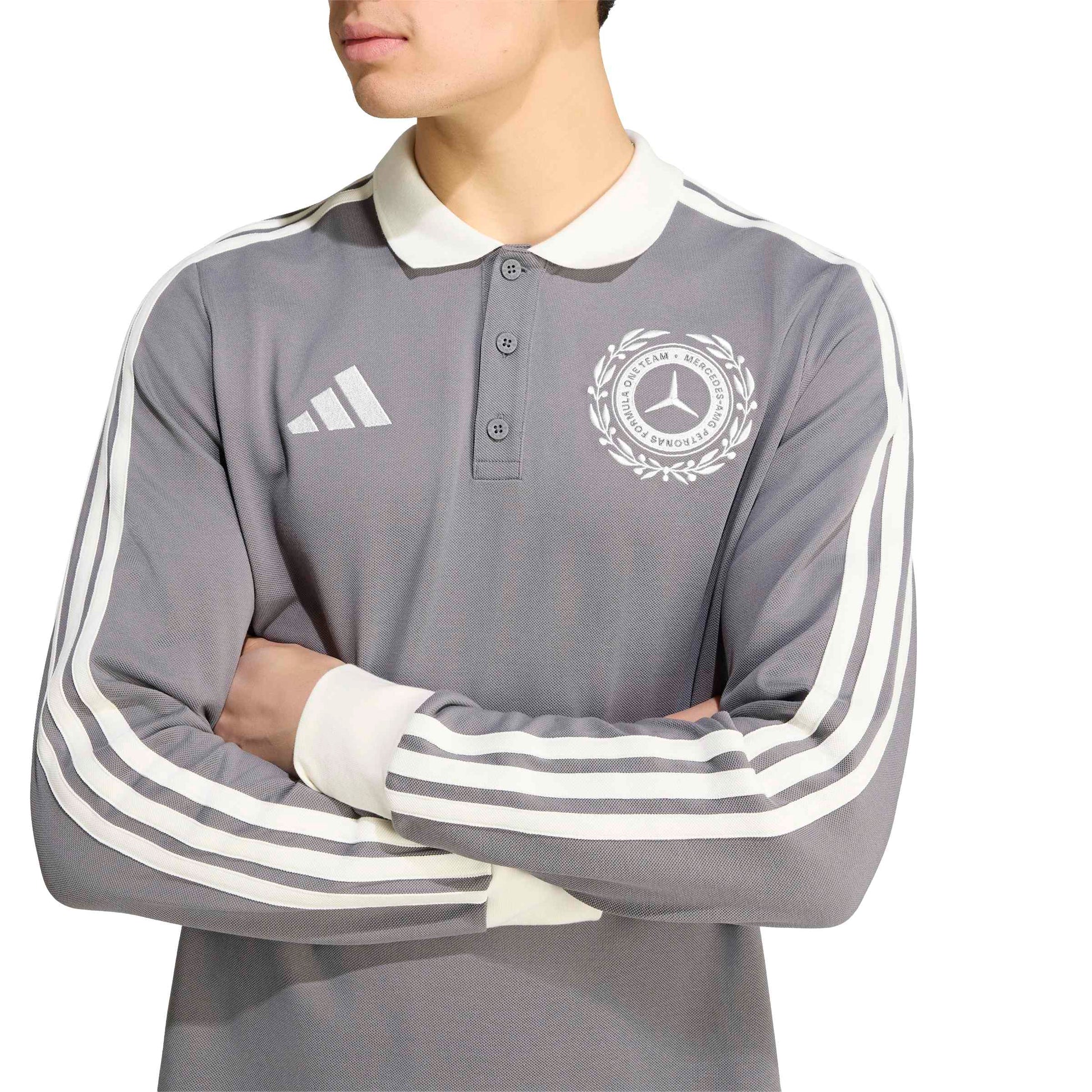adidas Mercedes - AMG Petronas Formula One Team Silver Arrows Icon Long Sleeve Polo 'Granite / Off White' – detail view