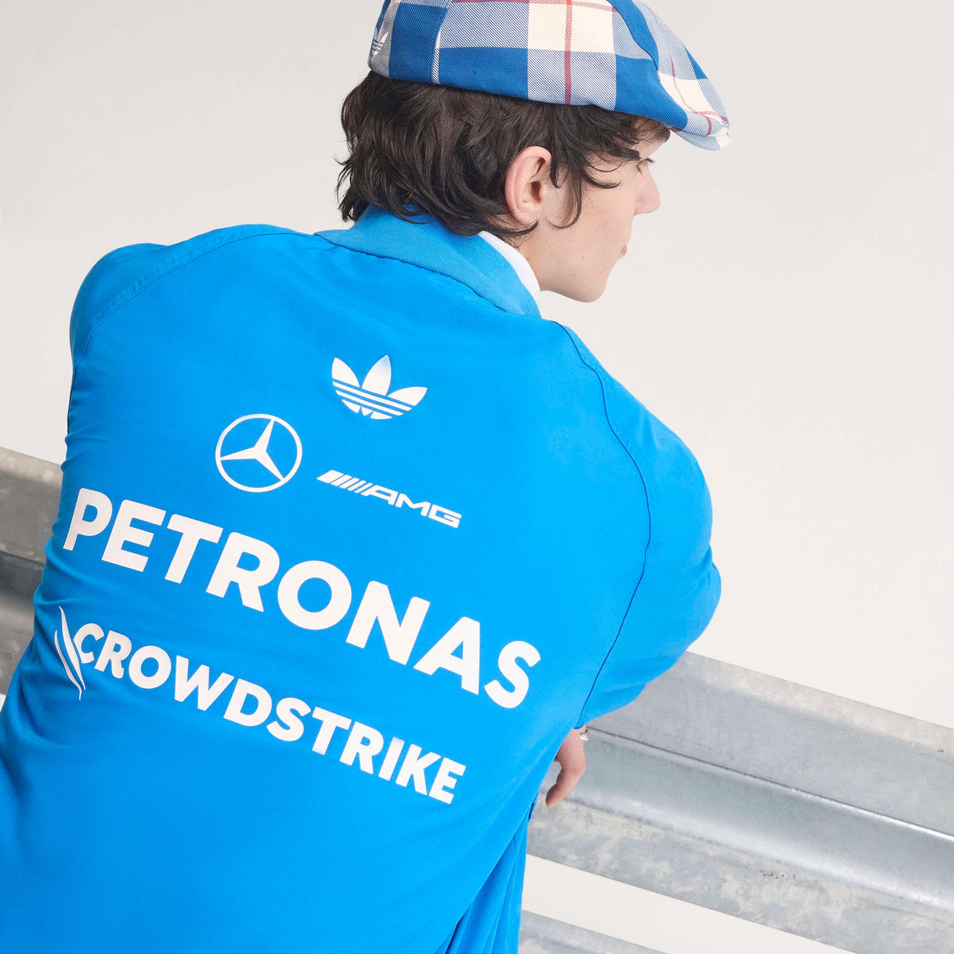 adidas Mercedes-AMG Petronas Formula One Team Blue Wonder Arrow Driver Harrington Jacket Blue White with official sponsor logos and full zip design