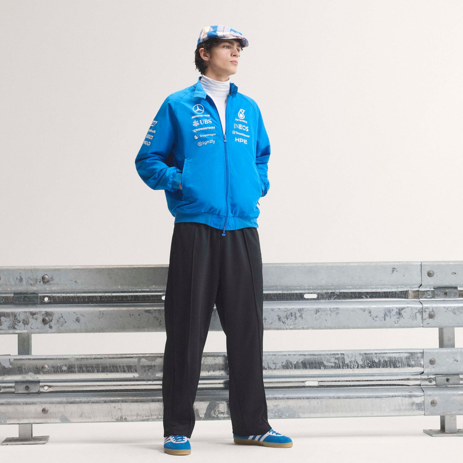 adidas Mercedes-AMG Petronas Formula One Team Blue Wonder Arrow Driver Harrington Jacket Blue White with official sponsor logos and full zip design