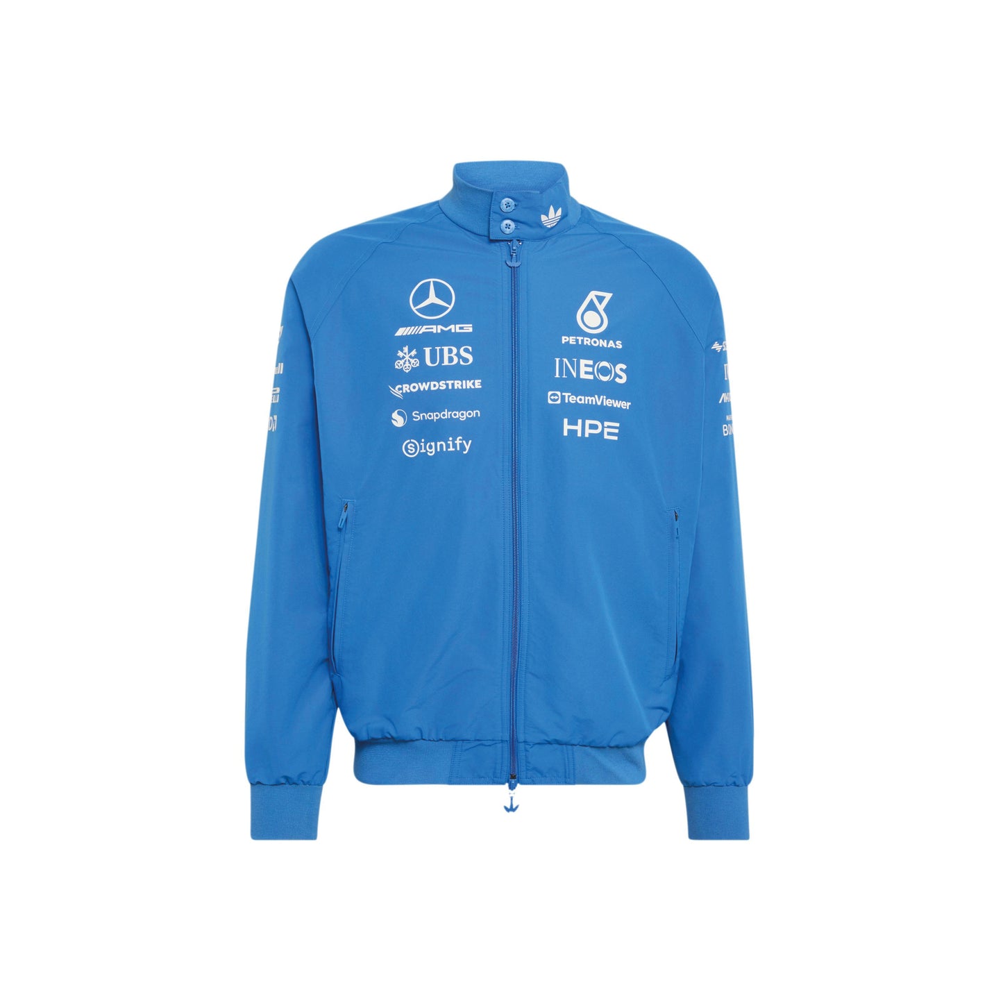 adidas Mercedes-AMG Petronas Formula One Team Blue Wonder Arrow Driver Harrington Jacket Blue White with official sponsor logos and full zip design
