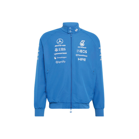 adidas Mercedes-AMG Petronas Formula One Team Blue Wonder Arrow Driver Harrington Jacket Blue White with official sponsor logos and full zip design