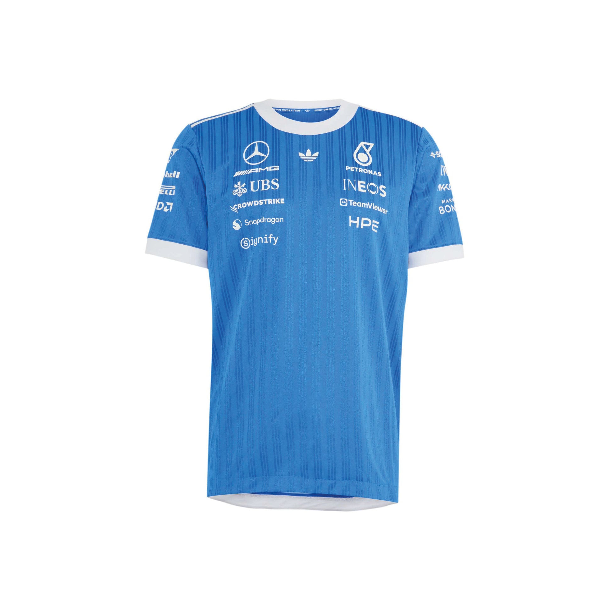 adidas Mercedes-AMG Petronas Formula One Team Blue Wonder Authentic Driver Jersey Blue White with official sponsor logos and lightweight performance fabric
