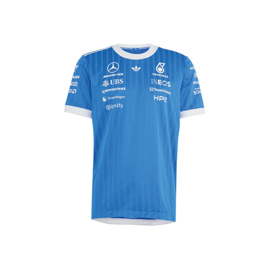 adidas Mercedes-AMG Petronas Formula One Team Blue Wonder Authentic Driver Jersey Blue White with official sponsor logos and lightweight performance fabric