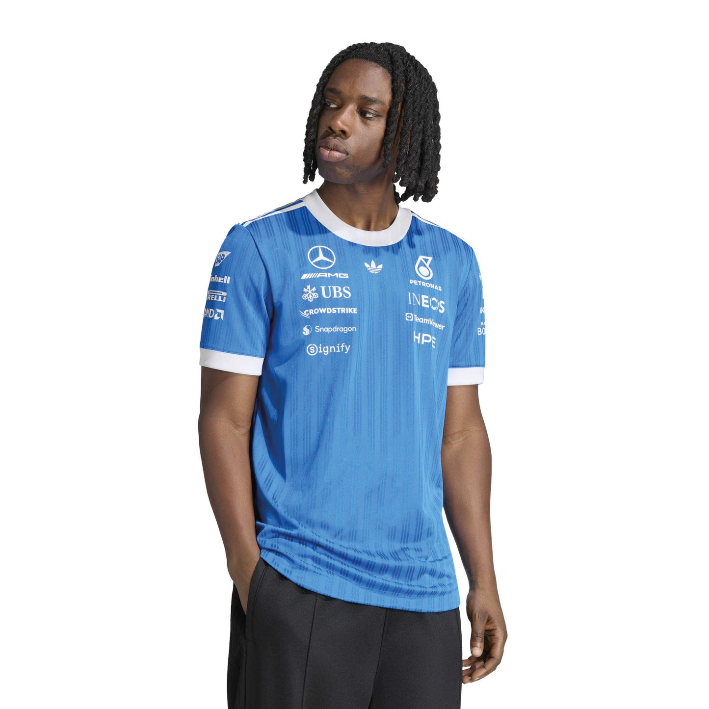 adidas Mercedes-AMG Petronas Formula One Team Blue Wonder Authentic Driver Jersey Blue White with official sponsor logos and lightweight performance fabric