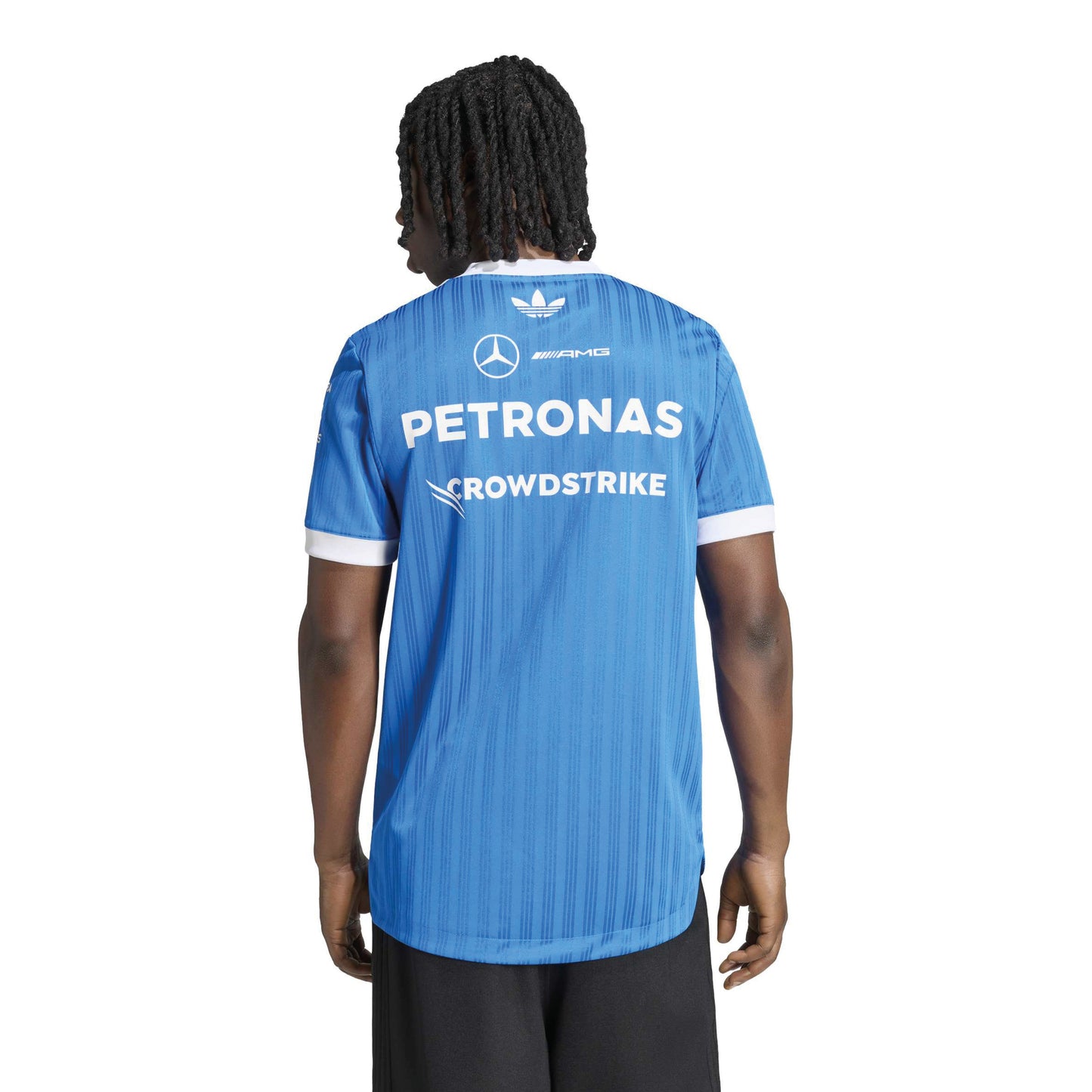 adidas Mercedes-AMG Petronas Formula One Team Blue Wonder Authentic Driver Jersey Blue White with official sponsor logos and lightweight performance fabric